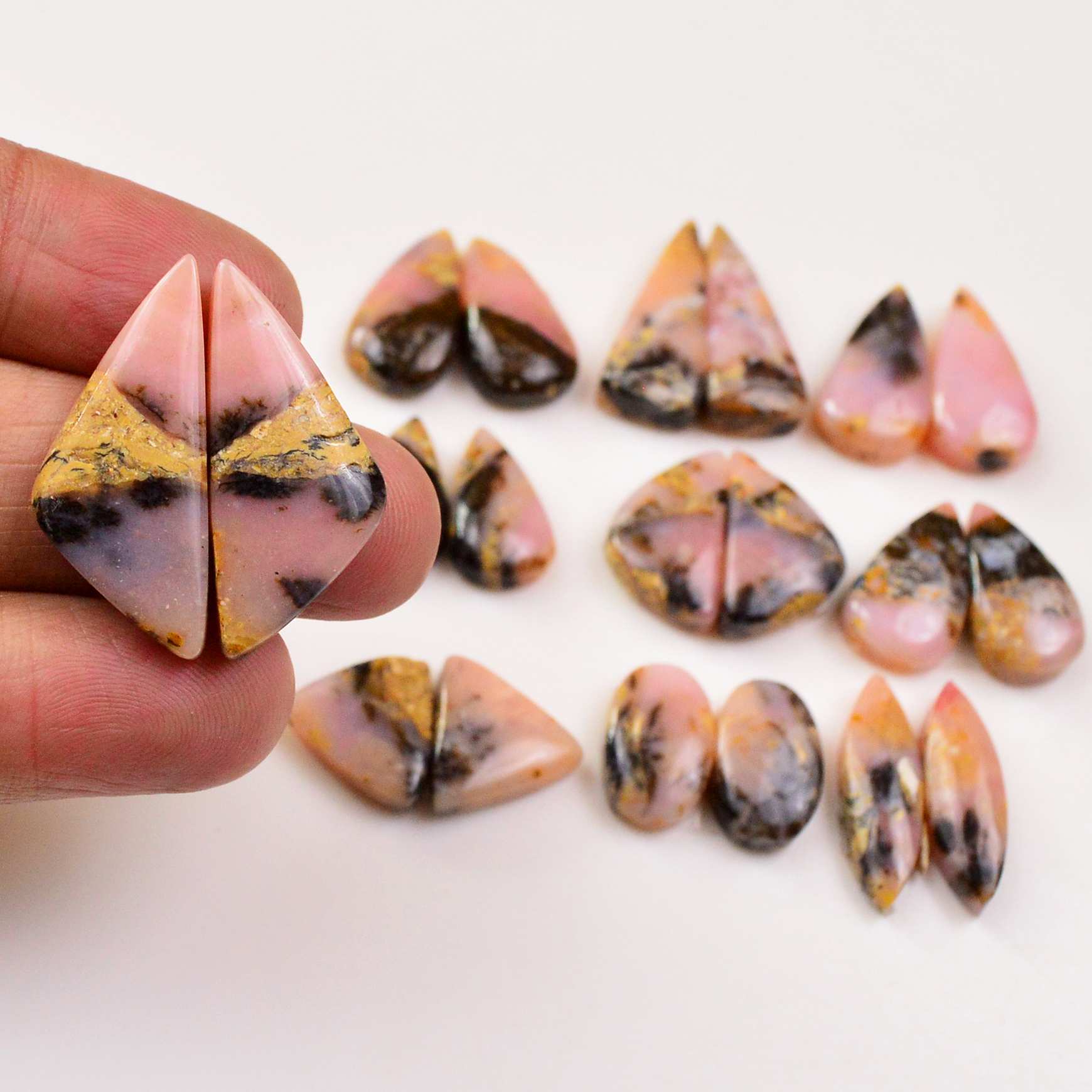 10 Pairs 126Cts Natural Pink Opal Pairs Wholesale Lot Cabochon Loose Gemstone For Jewelry Mixed Shapes 23x8 14x8mm 19330