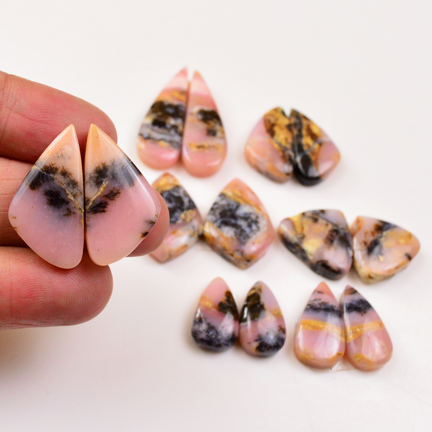 7 Pairs 137Cts Natural Pink Opal Pairs Wholesale Lot Cabochon Loose Gemstone For Jewelry Mixed Shapes 31x10 15x15mm 19331