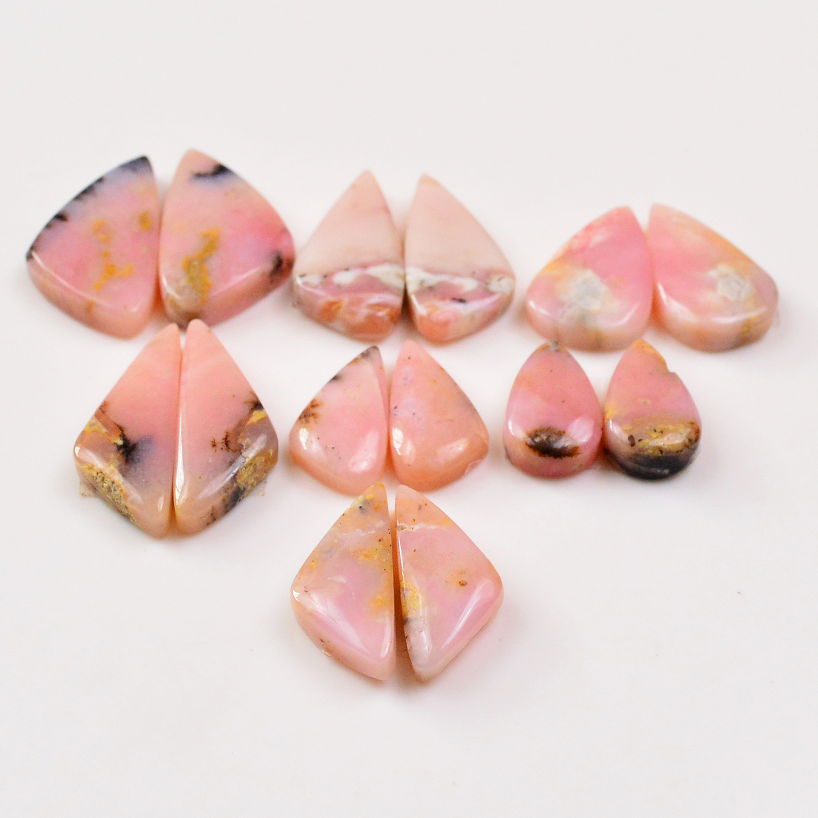 7 Pairs 112Cts Natural Pink Opal Pairs Wholesale Lot Cabochon Loose Gemstone For Jewelry Mixed Shapes 25x9 15x9mm 19333