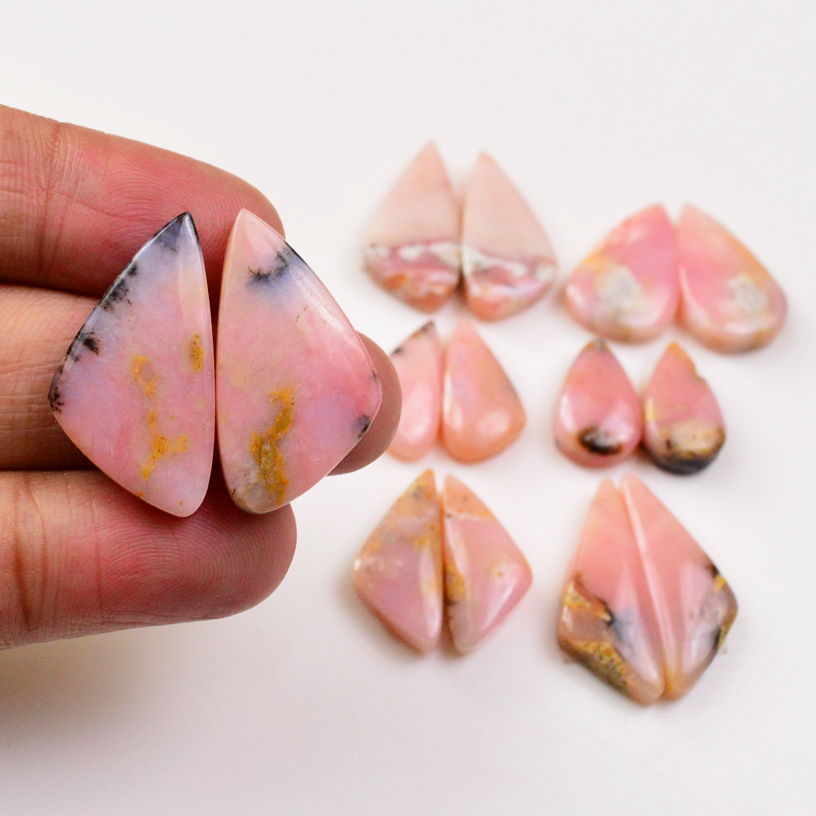 7 Pairs 112Cts Natural Pink Opal Pairs Wholesale Lot Cabochon Loose Gemstone For Jewelry Mixed Shapes 25x9 15x9mm 19333