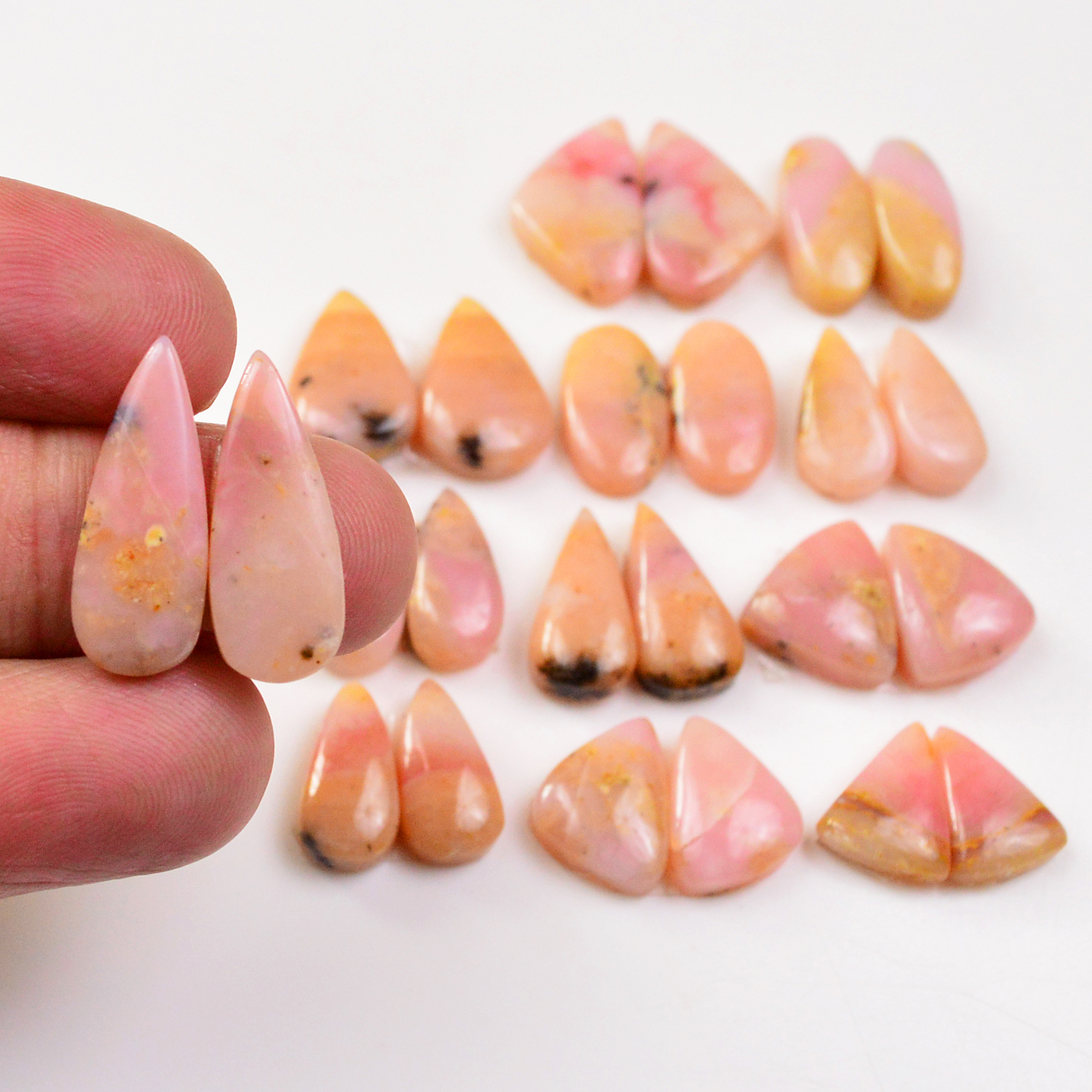 12 Pairs 106Cts Natural Pink Opal Pairs Wholesale Lot Cabochon Loose Gemstone For Jewelry Mixed Shapes 16x7 12x9mm 19334