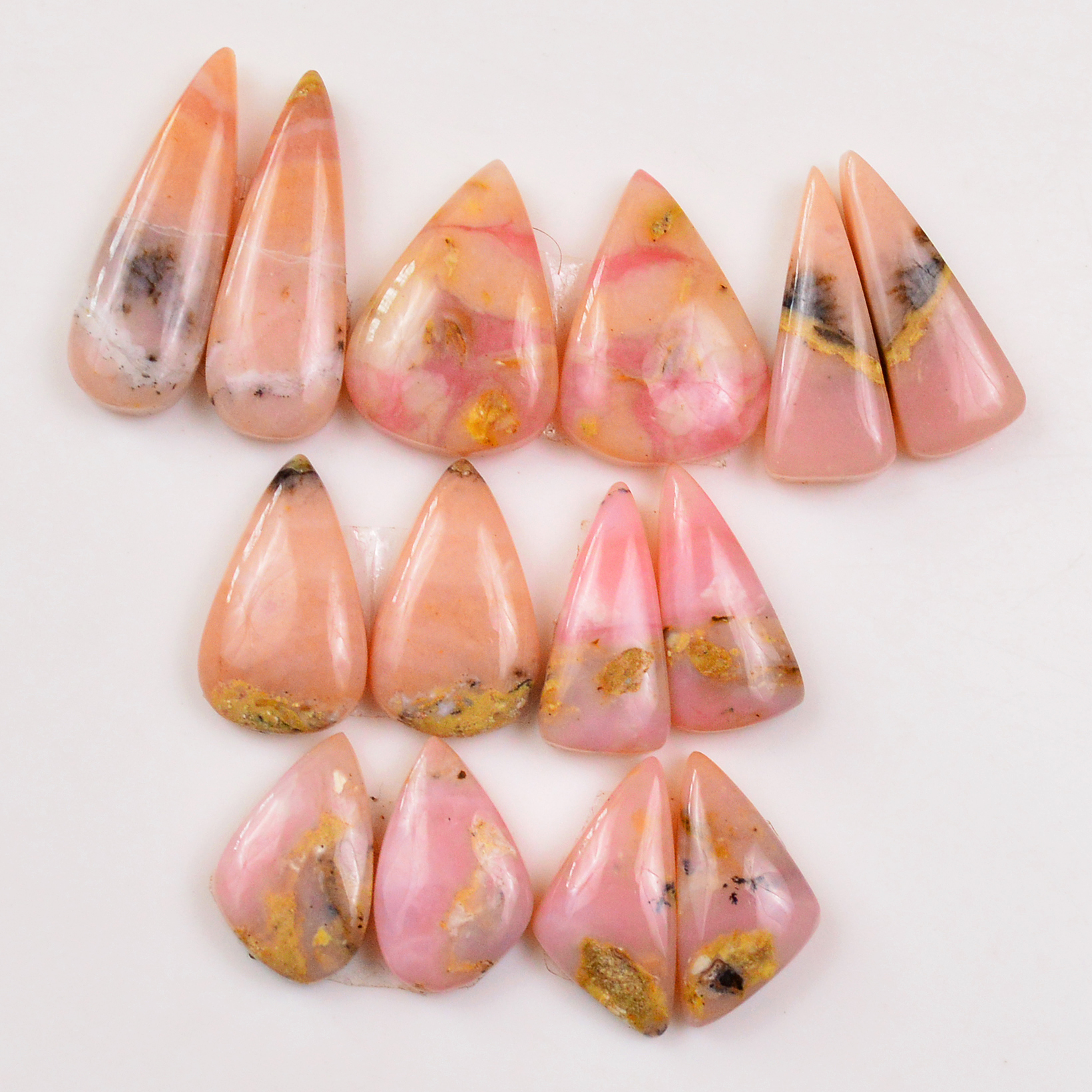 7 Pairs 78Cts Natural Pink Opal Pairs Wholesale Lot Cabochon Loose Gemstone For Jewelry Mixed Shapes 24x8 15x9mm 19337