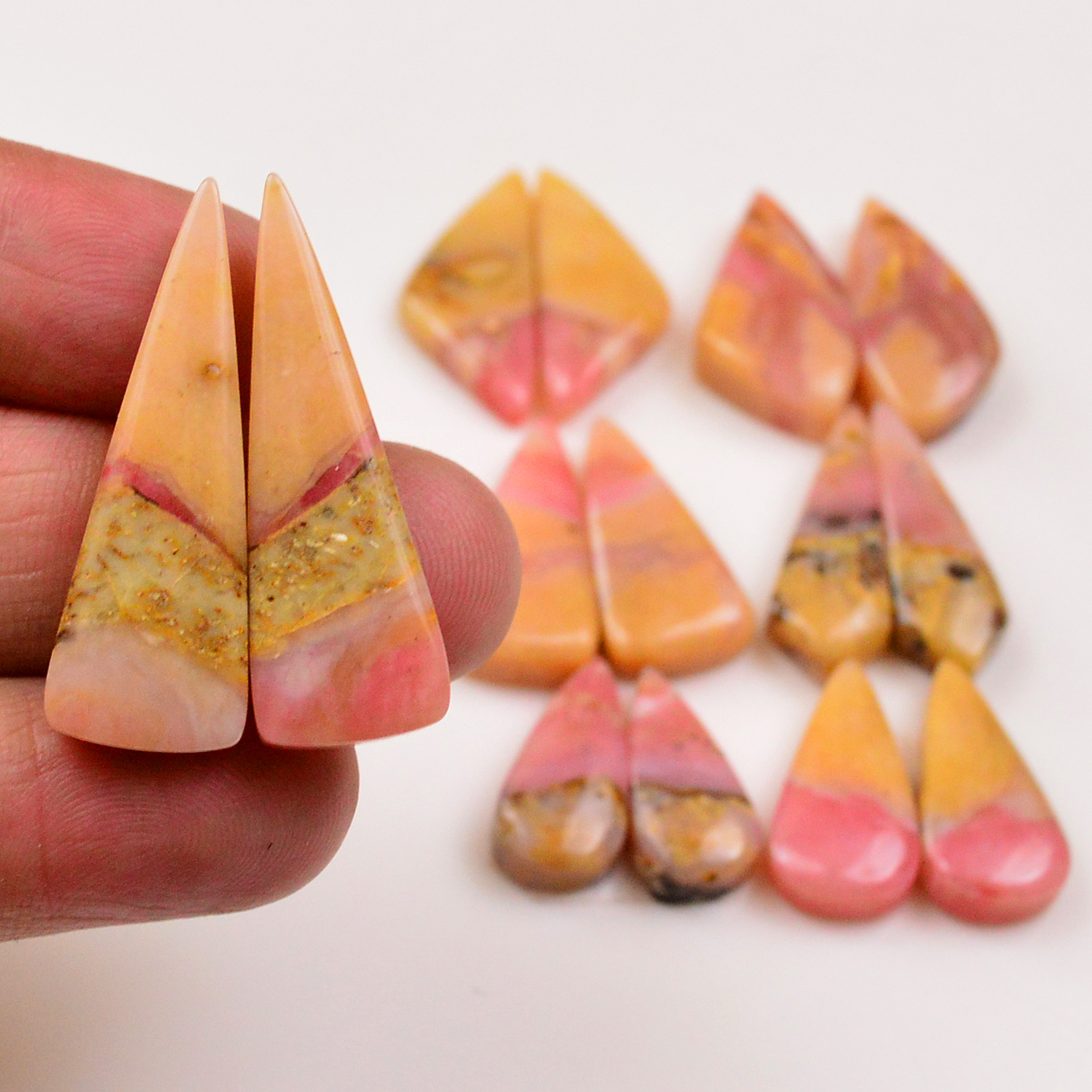 7 Pairs 117Cts Natural Pink Opal Pairs Wholesale Lot Cabochon Loose Gemstone For Jewelry Mixed Shapes 32x10 16x8mm 19338