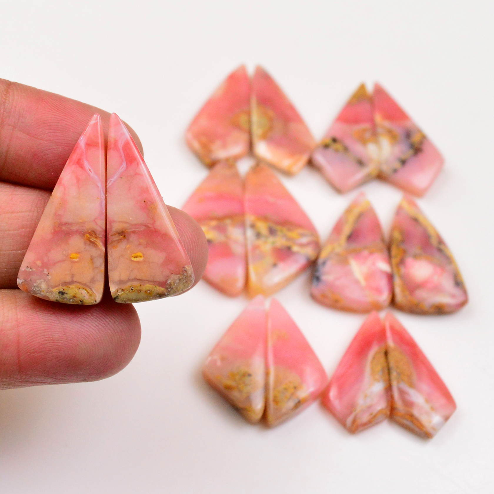 7 Pairs 159Cts Natural Pink Opal Pairs Wholesale Lot Cabochon Loose Gemstone For Jewelry Mixed Shapes 28x11 24x11mm 19339