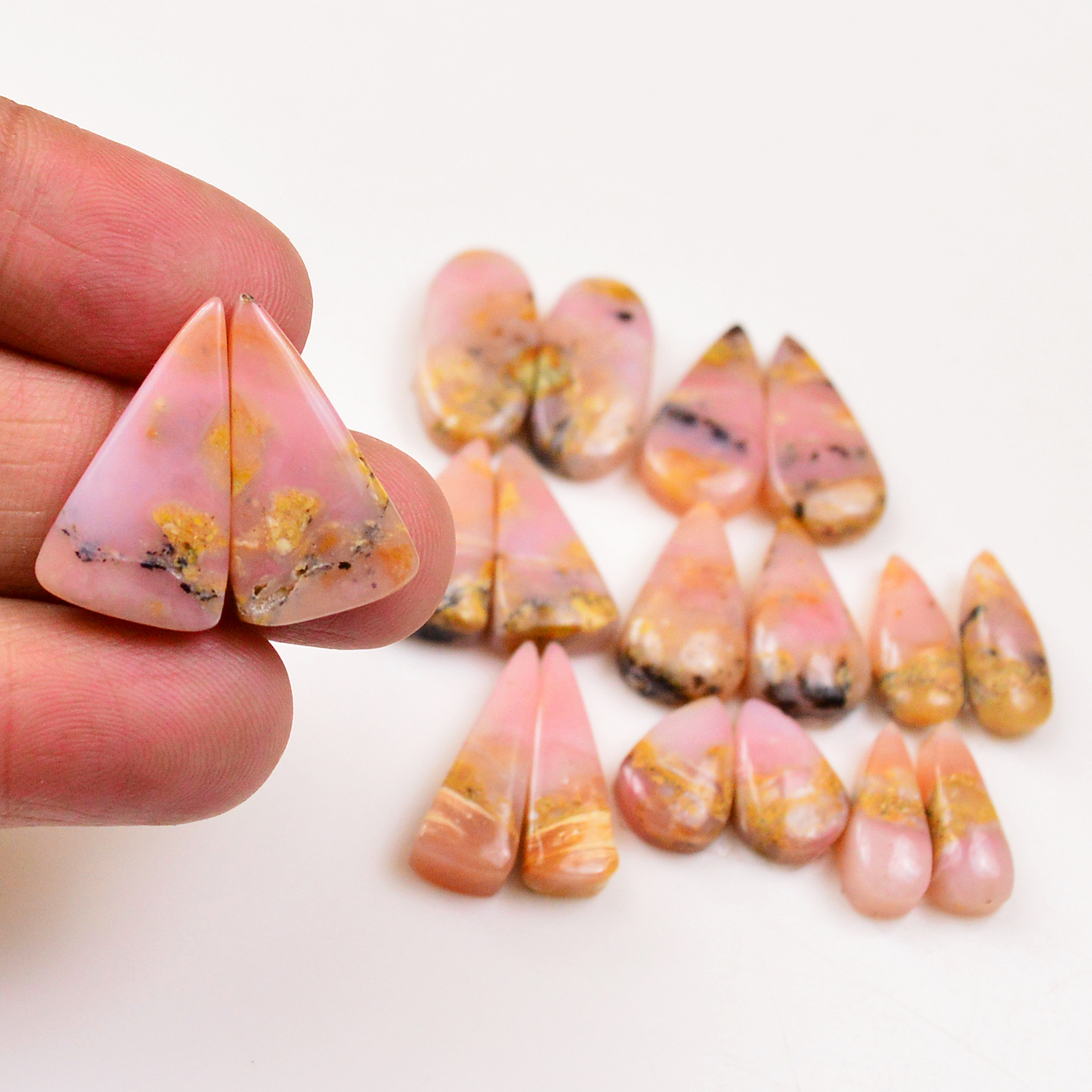 9 Pairs 103Cts Natural Pink Opal Pairs Wholesale Lot Cabochon Loose Gemstone For Jewelry Mixed Shapes 21x9 13x8mm 19342