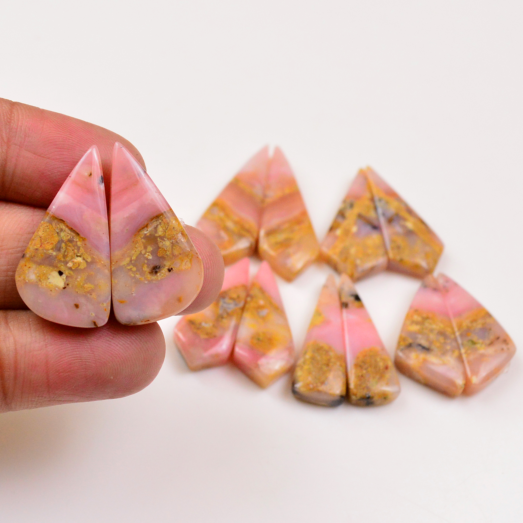 6 Pairs 131Cts Natural Pink Opal Pairs Wholesale Lot Cabochon Loose Gemstone For Jewelry Mixed Shapes 35x12 25x10mm 19343