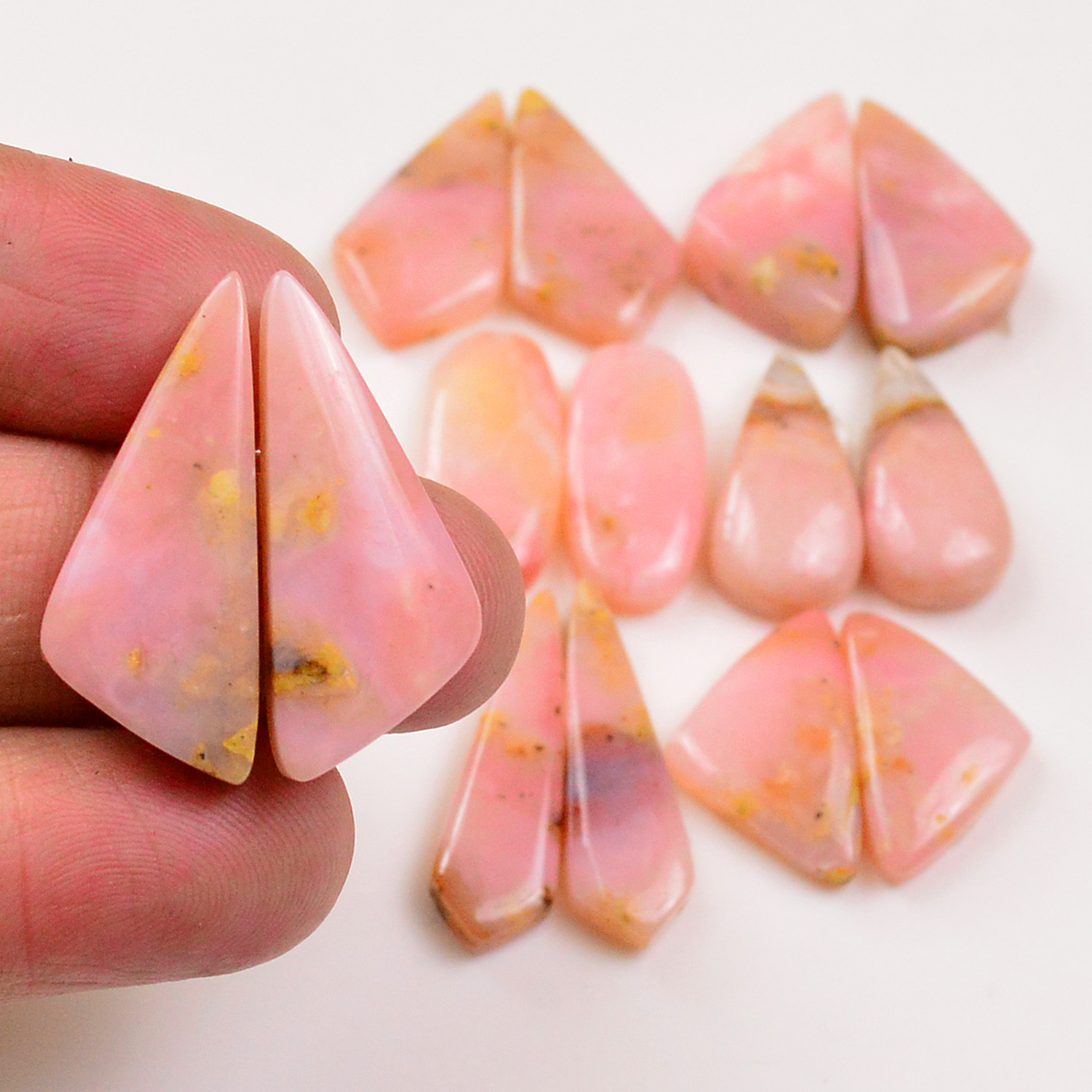 7 Pairs 98Cts Natural Pink Opal Pairs Wholesale Lot Cabochon Loose Gemstone For Jewelry Mixed Shapes 25x10 18x11mm 19345
