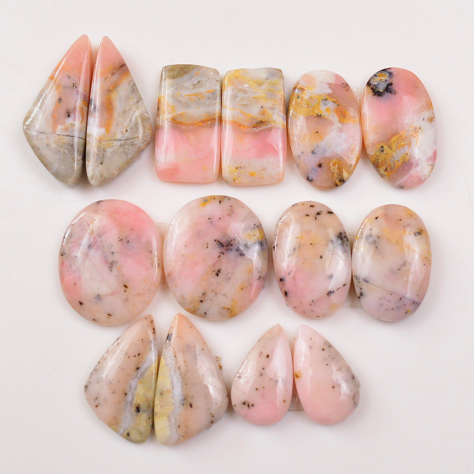 7 Pairs 105Cts Natural Pink Opal Pairs Wholesale Lot Cabochon Loose Gemstone For Jewelry Mixed Shapes 26x11 17x10mm 19349