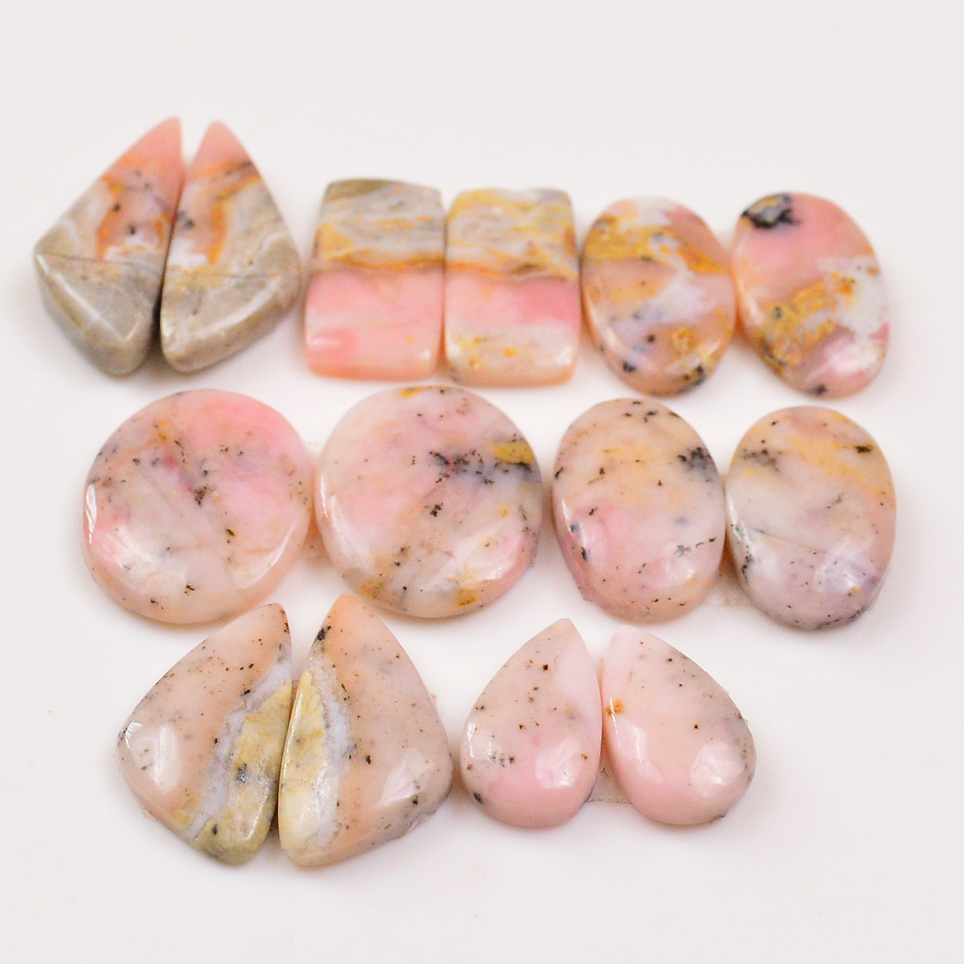 7 Pairs 105Cts Natural Pink Opal Pairs Wholesale Lot Cabochon Loose Gemstone For Jewelry Mixed Shapes 26x11 17x10mm 19349