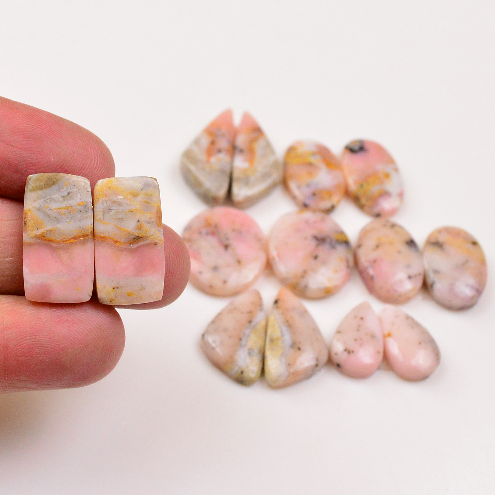 7 Pairs 105Cts Natural Pink Opal Pairs Wholesale Lot Cabochon Loose Gemstone For Jewelry Mixed Shapes 26x11 17x10mm 19349