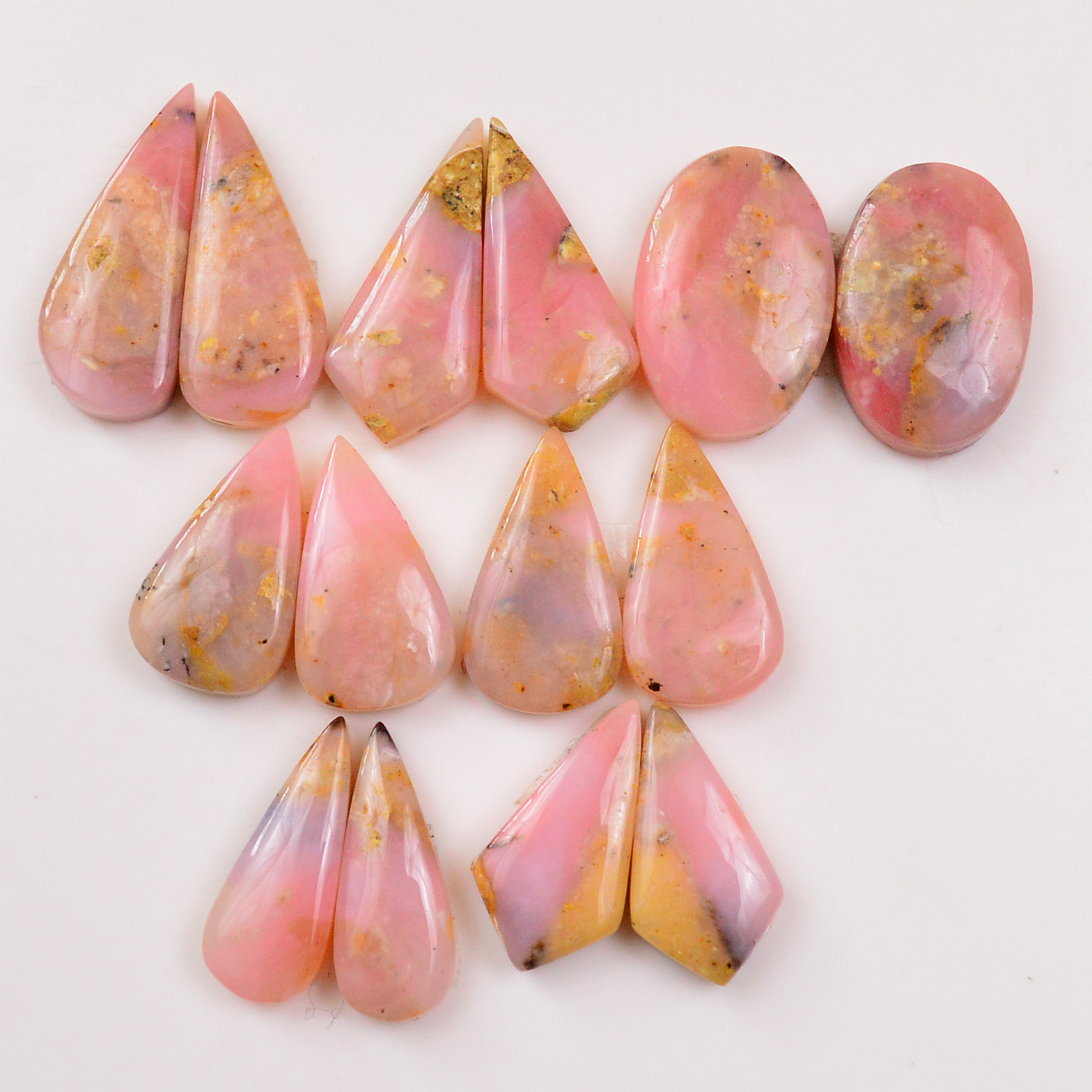 7 Pairs 128Cts Natural Pink Opal Pairs Wholesale Lot Cabochon Loose Gemstone For Jewelry Mixed Shapes 28x12 22x12mm 19353