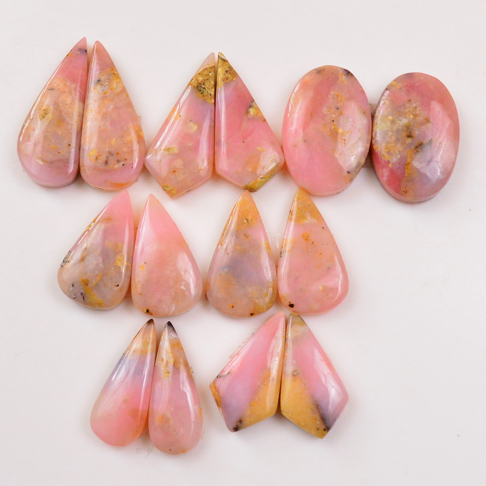 Image of 7 Pairs 128Cts Natural Pink Opal Pairs Wholesale Lot Cabochon Loose Gemstone For Jewelry, Mixed Shapes 28x12 22x12mm #19353