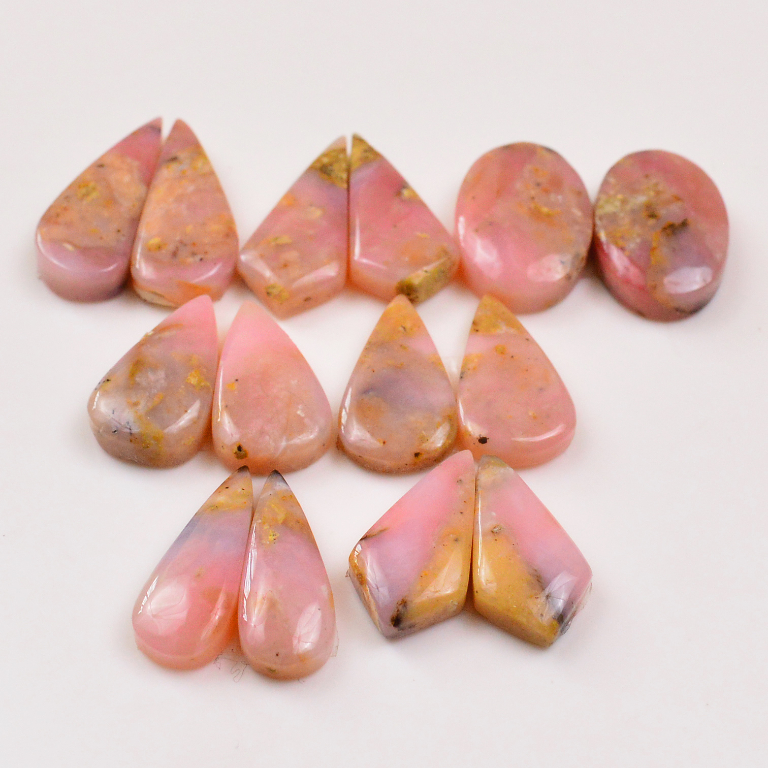 7 Pairs 128Cts Natural Pink Opal Pairs Wholesale Lot Cabochon Loose Gemstone For Jewelry Mixed Shapes 28x12 22x12mm 19353