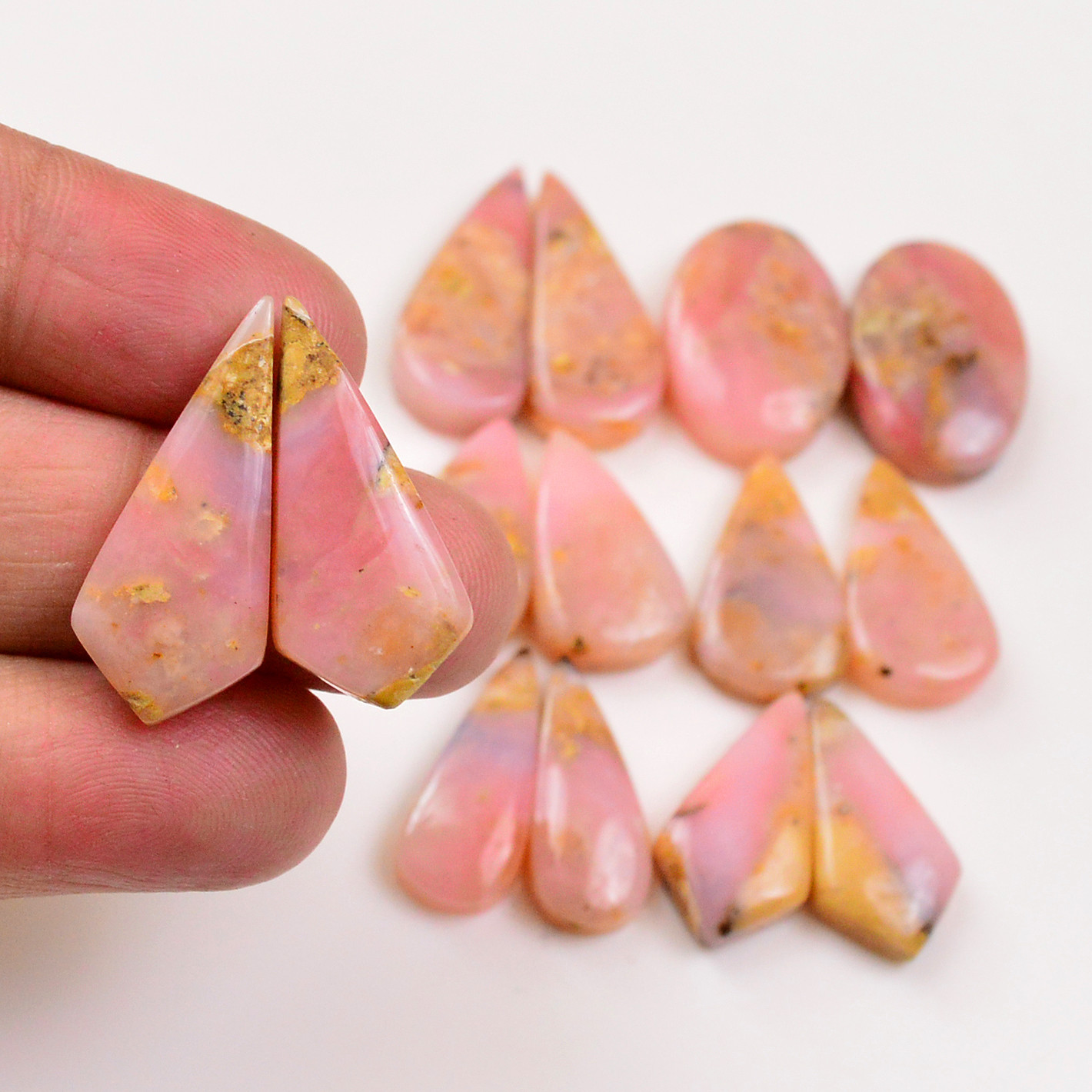 7 Pairs 128Cts Natural Pink Opal Pairs Wholesale Lot Cabochon Loose Gemstone For Jewelry Mixed Shapes 28x12 22x12mm 19353