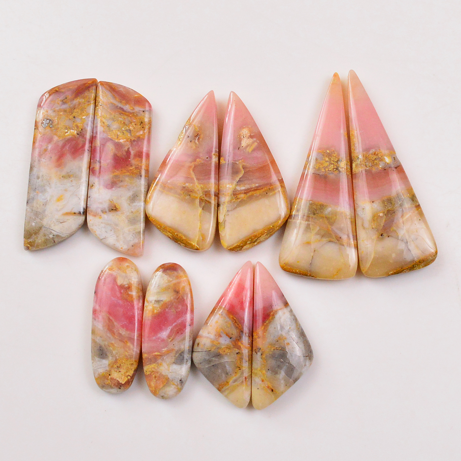 5 Pairs 135Cts Natural Pink Opal Pairs Wholesale Lot Cabochon Loose Gemstone For Jewelry Mixed Shapes 43x16 26x10mm 19355
