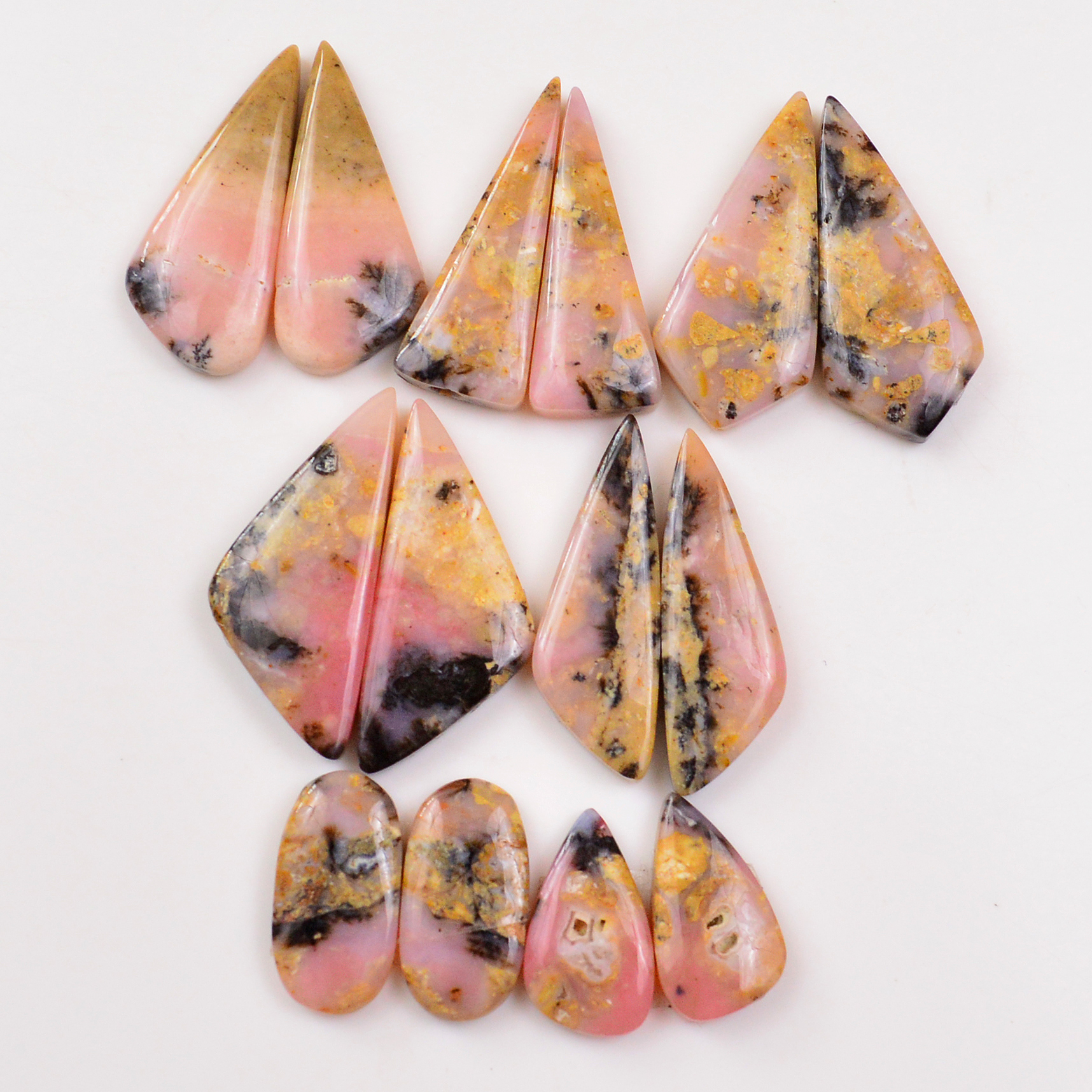 7 Pairs 142Cts Natural Pink Opal Pairs Wholesale Lot Cabochon Loose Gemstone For Jewelry Mixed Shapes 33x15 20x12mm 19359