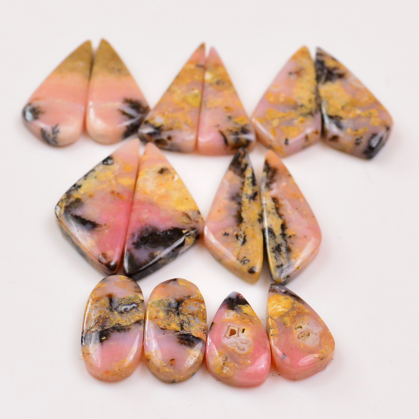 7 Pairs 142Cts Natural Pink Opal Pairs Wholesale Lot Cabochon Loose Gemstone For Jewelry Mixed Shapes 33x15 20x12mm 19359