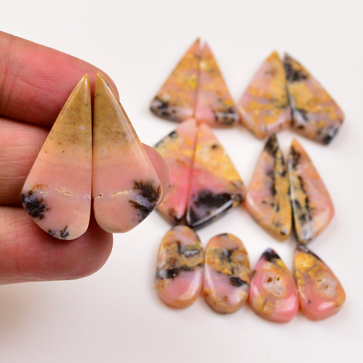 7 Pairs 142Cts Natural Pink Opal Pairs Wholesale Lot Cabochon Loose Gemstone For Jewelry Mixed Shapes 33x15 20x12mm 19359