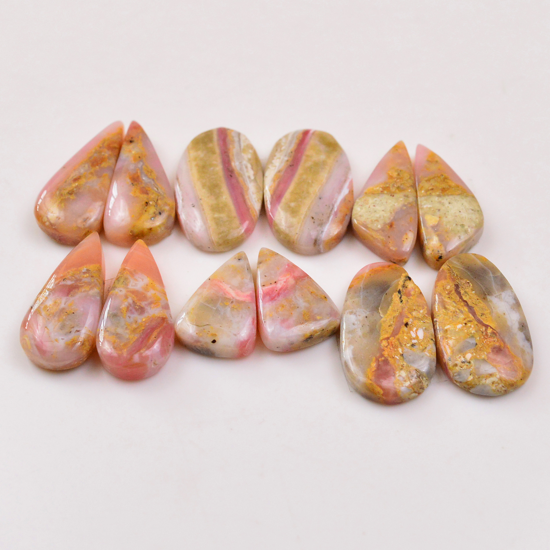 6 Pairs 109Cts Natural Pink Opal Pairs Wholesale Lot Cabochon Loose Gemstone For Jewelry Mixed Shapes 26x12 18x12mm 19362