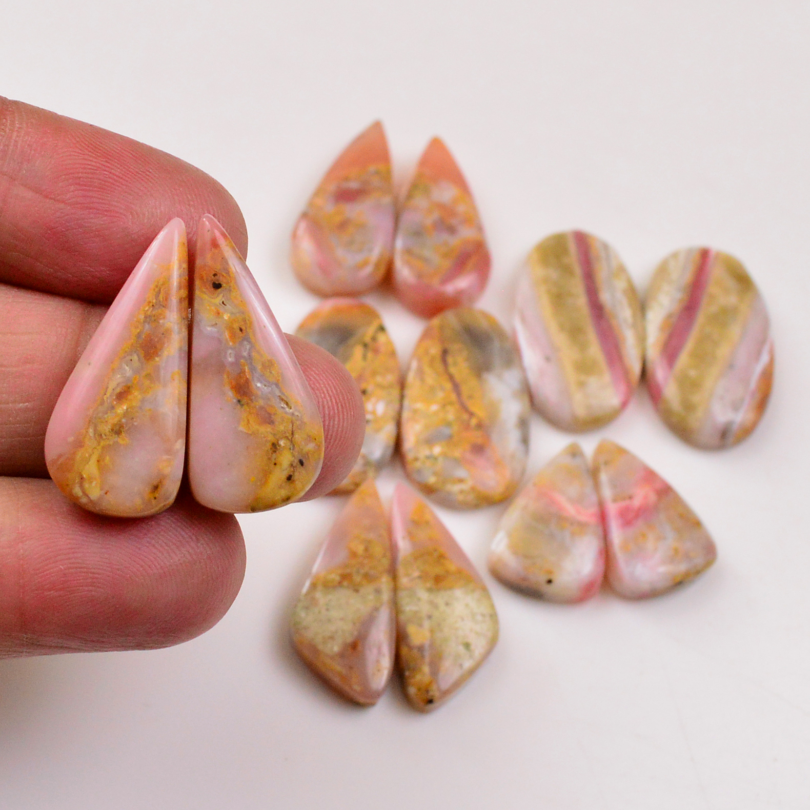 6 Pairs 109Cts Natural Pink Opal Pairs Wholesale Lot Cabochon Loose Gemstone For Jewelry Mixed Shapes 26x12 18x12mm 19362