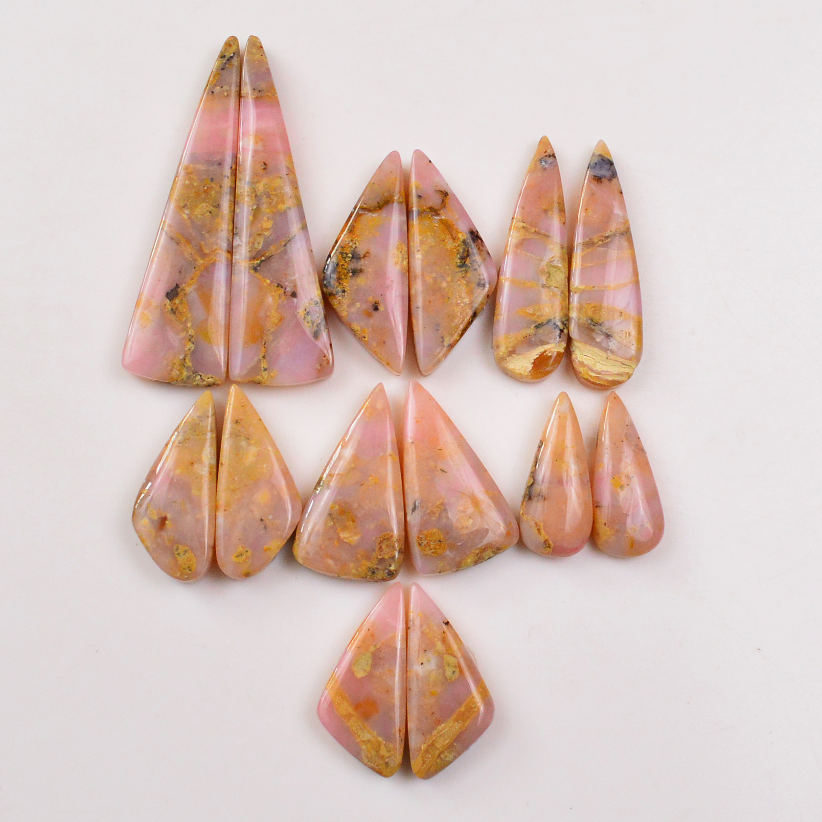 7 Pairs 127Cts Natural Pink Opal Pairs Wholesale Lot Cabochon Loose Gemstone For Jewelry Mixed Shapes 45x13 20x9mm 19371
