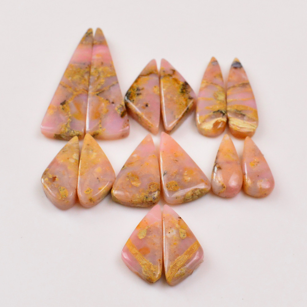 Image of 7 Pairs 127Cts Natural Pink Opal Pairs Wholesale Lot Cabochon Loose Gemstone For Jewelry, Mixed Shapes 45x13 20x9mm #19371