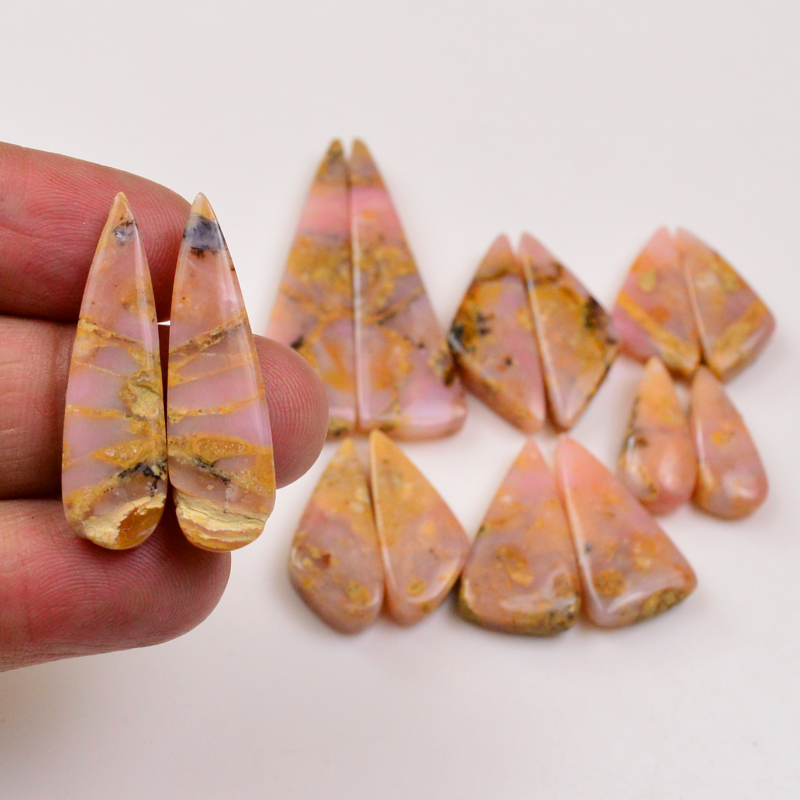 7 Pairs 127Cts Natural Pink Opal Pairs Wholesale Lot Cabochon Loose Gemstone For Jewelry Mixed Shapes 45x13 20x9mm 19371