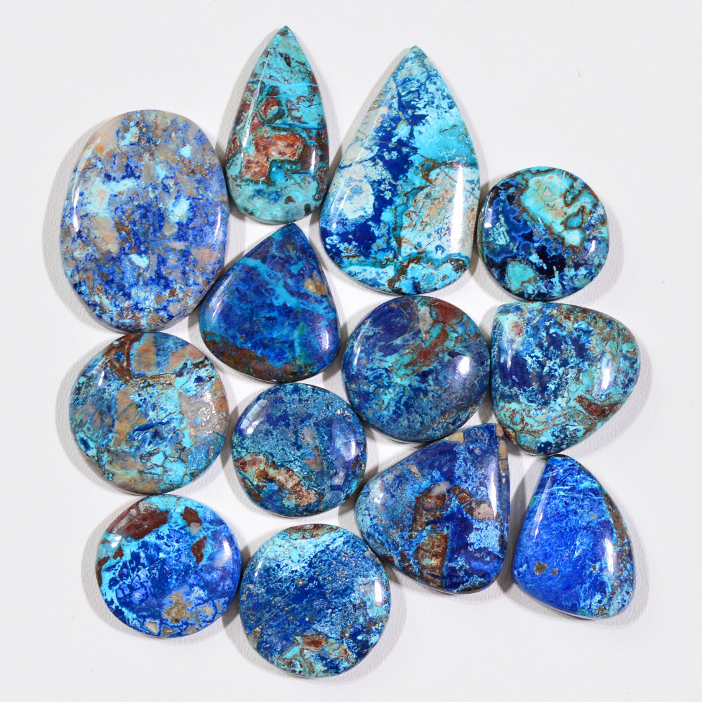 Image of 13 Pcs 129Cts Natural Azurite Shattuckite Gemstone Cabochon Lot Mixed Shape Stones Wholesale Jewelry Making Supply 26x17 15x15mm #19387