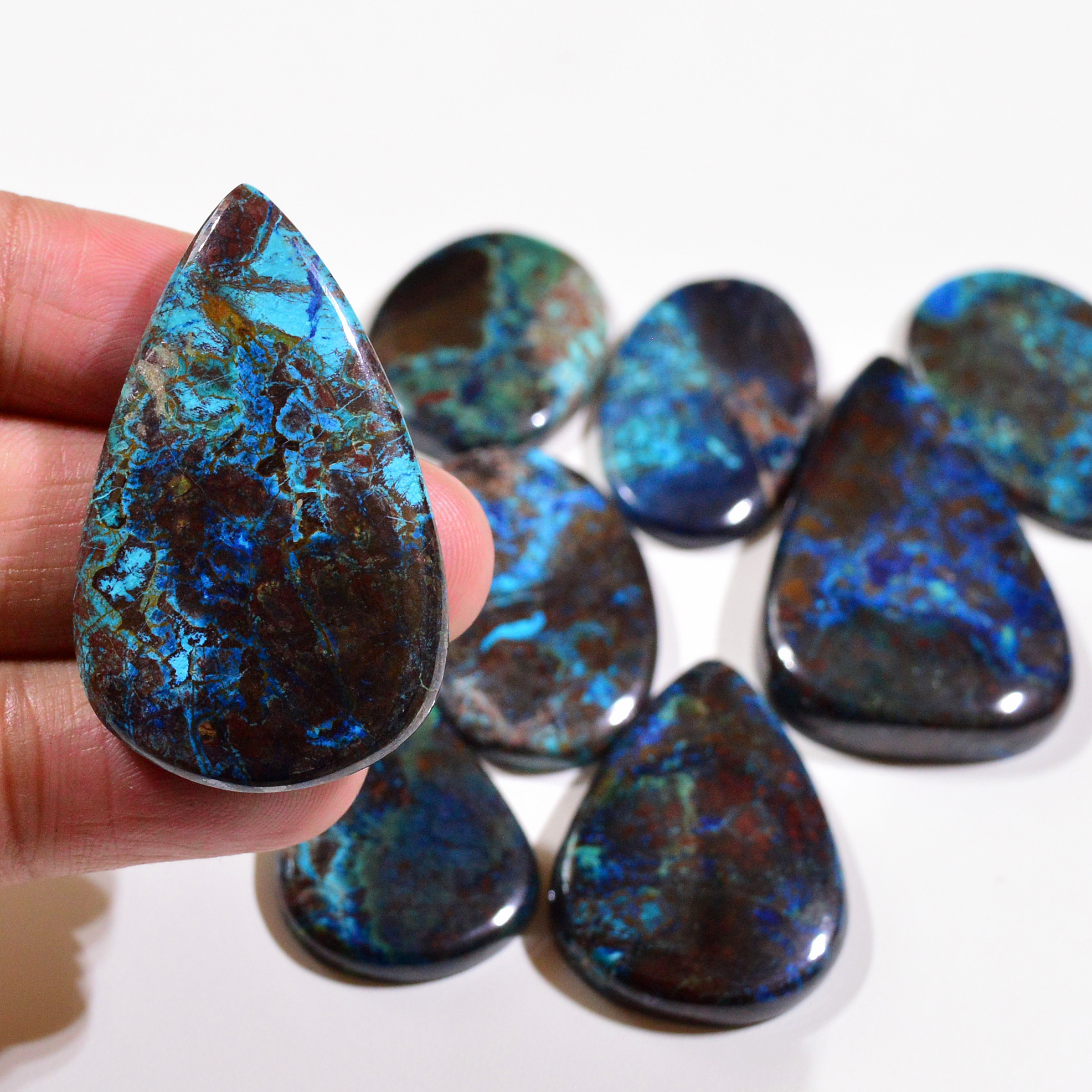 8 Pcs 415Cts Natural Azurite Shattuckite Gemstone Cabochon Lot Mixed Shape Stones Wholesale Jewelry Making Supply 47x29 32x23mm 19403