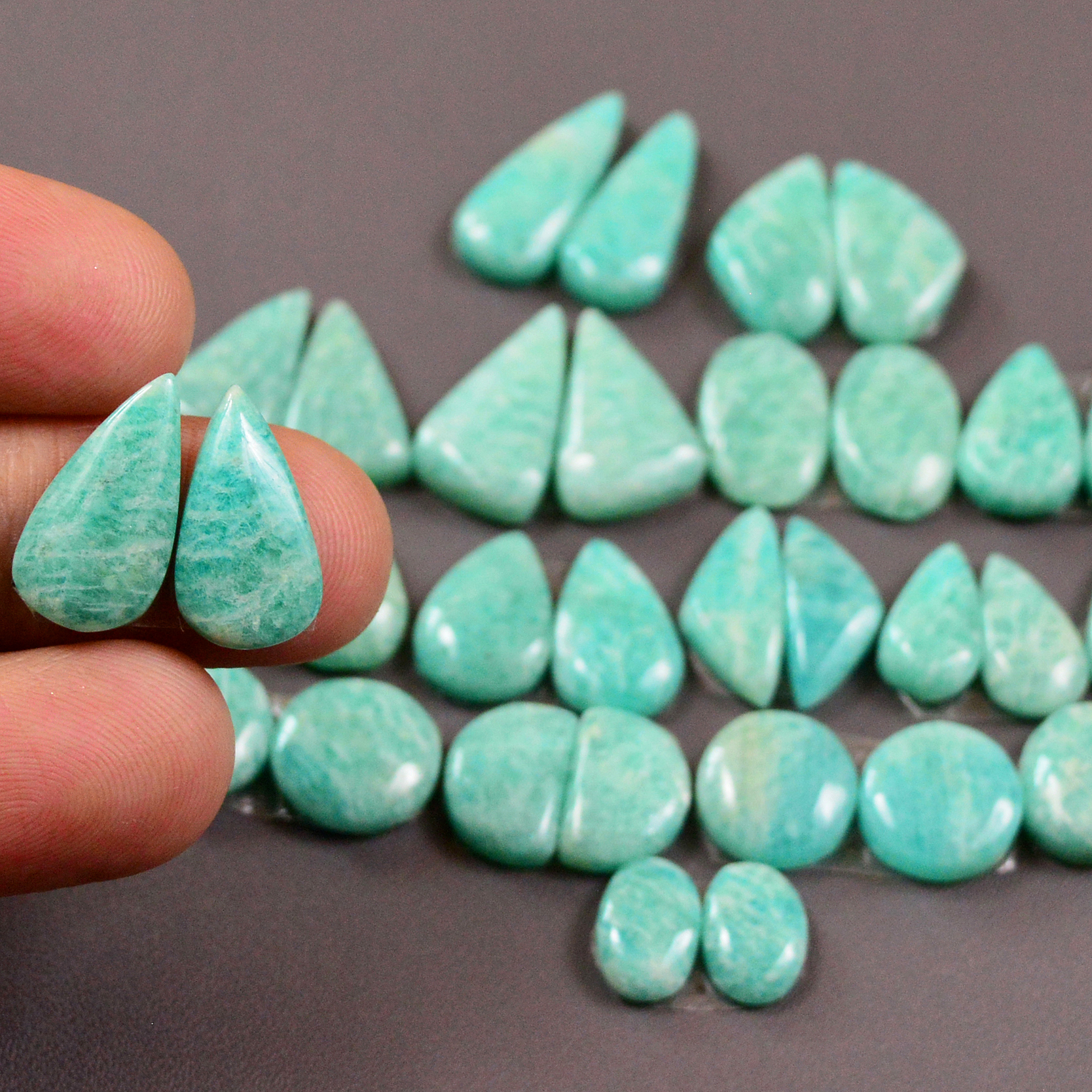 18 Pair 135Cts Natural Amazonite Cabochons Pair Gemstone Lot Mixed Shape Stones Wholesale Jewelry Making Supply 15x8 8x8mm 19407