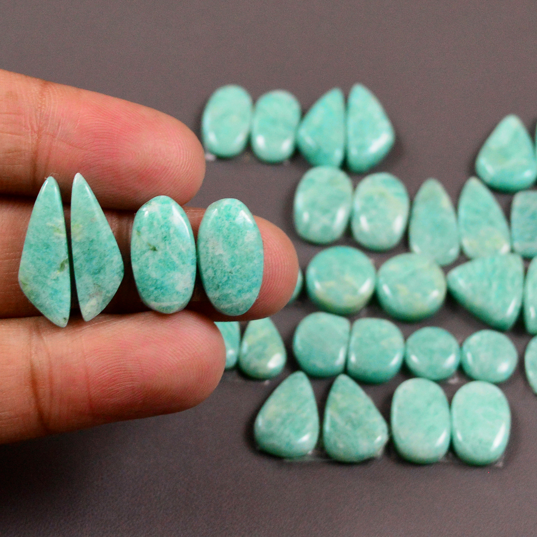 17 Pair 129Cts Natural Amazonite Cabochons Pair Gemstone Lot Mixed Shape Stones Wholesale Jewelry Making Supply 16x6 6x6mm 19410