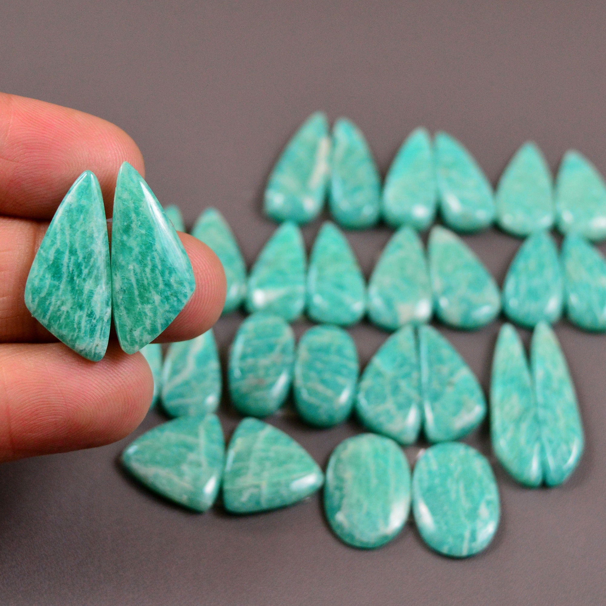 14 Pair 170Cts Natural Amazonite Cabochons Pair Gemstone Lot Mixed Shape Stones Wholesale Jewelry Making Supply 25x5 12x12mm 19412