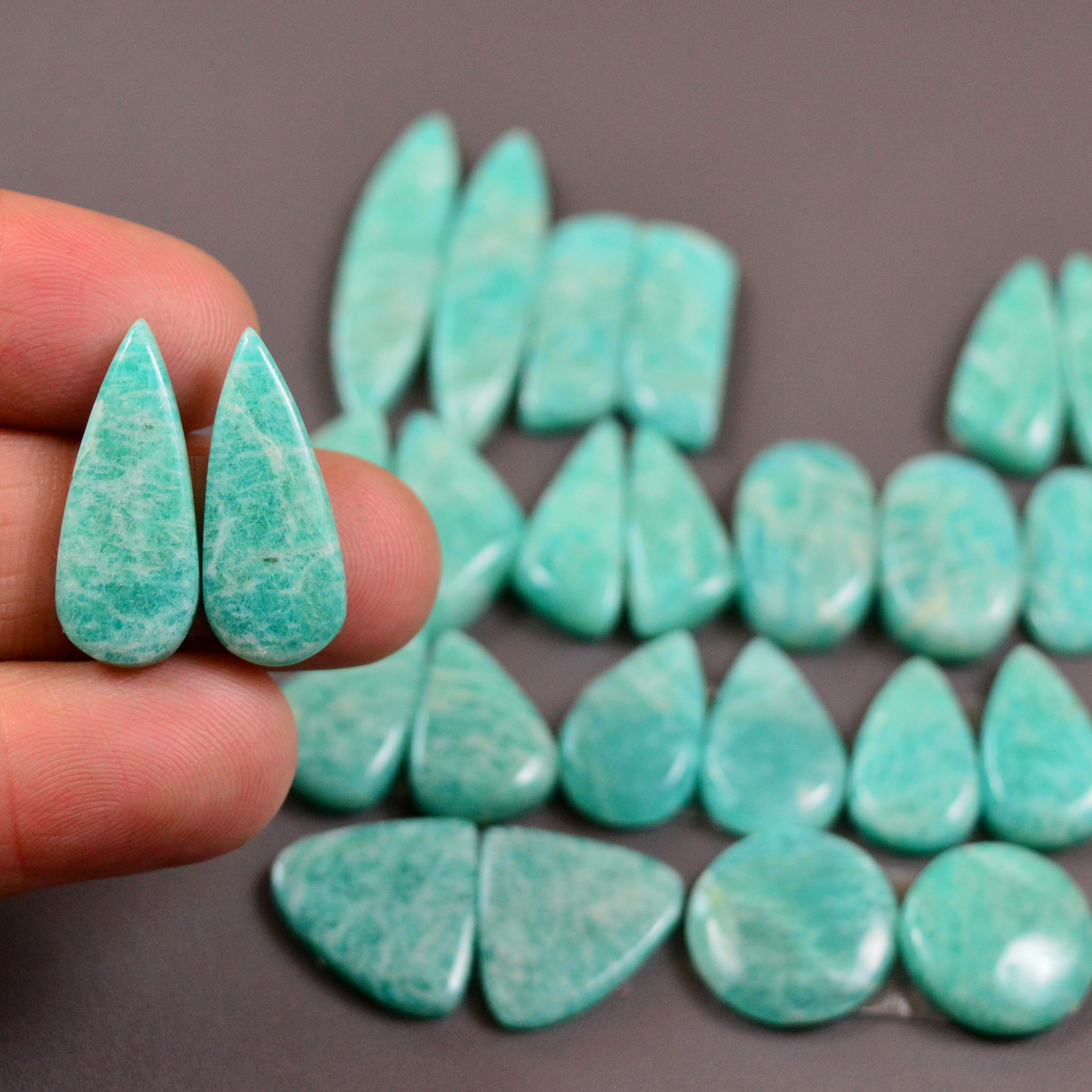 13 Pair 178Cts Natural Amazonite Cabochons Pair Gemstone Lot Mixed Shape Stones Wholesale Jewelry Making Supply 30x5 12x12mm 19413