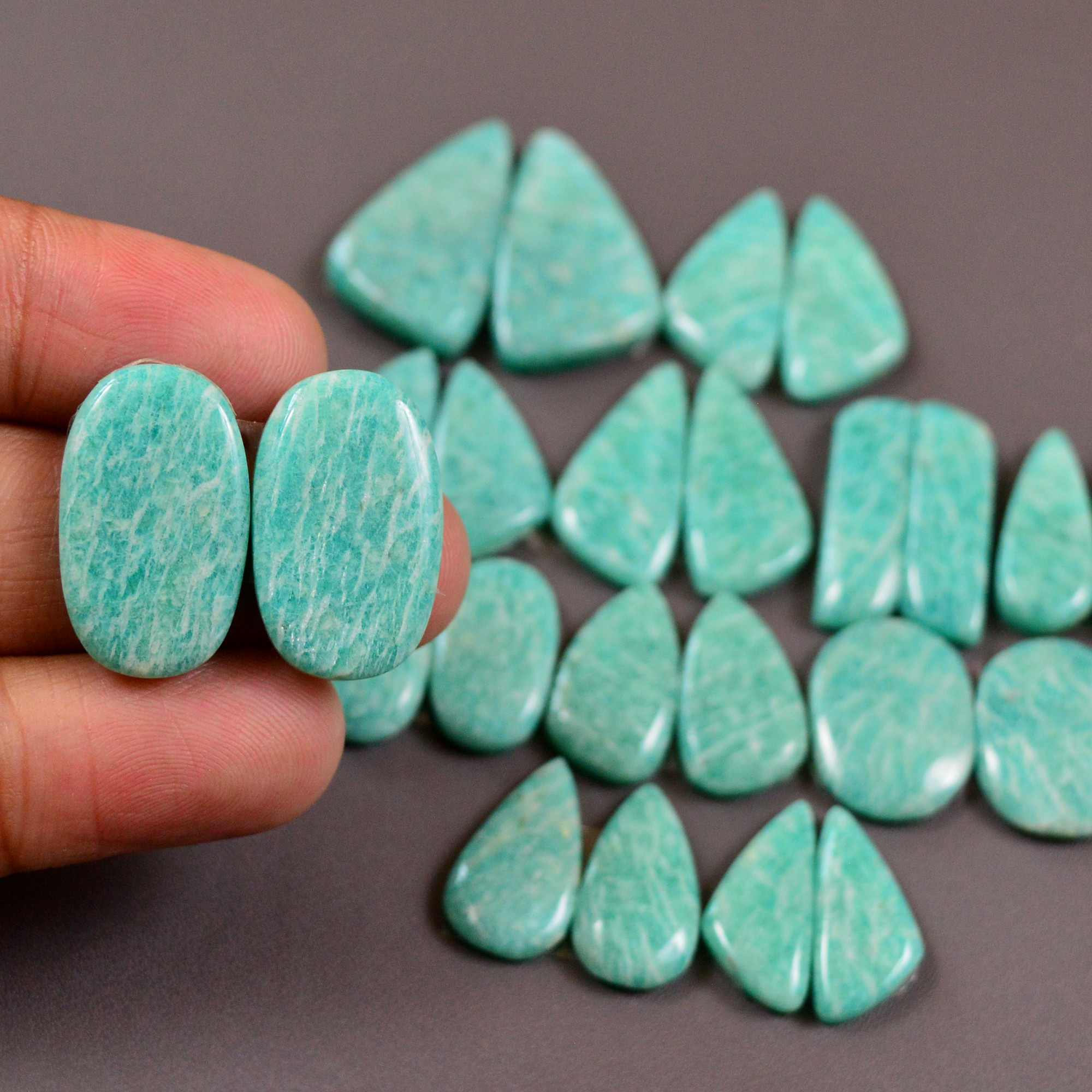 12 Pair 189Cts Natural Amazonite Cabochons Pair Gemstone Lot Mixed Shape Stones Wholesale Jewelry Making Supply 22x12 15x10mm 19418