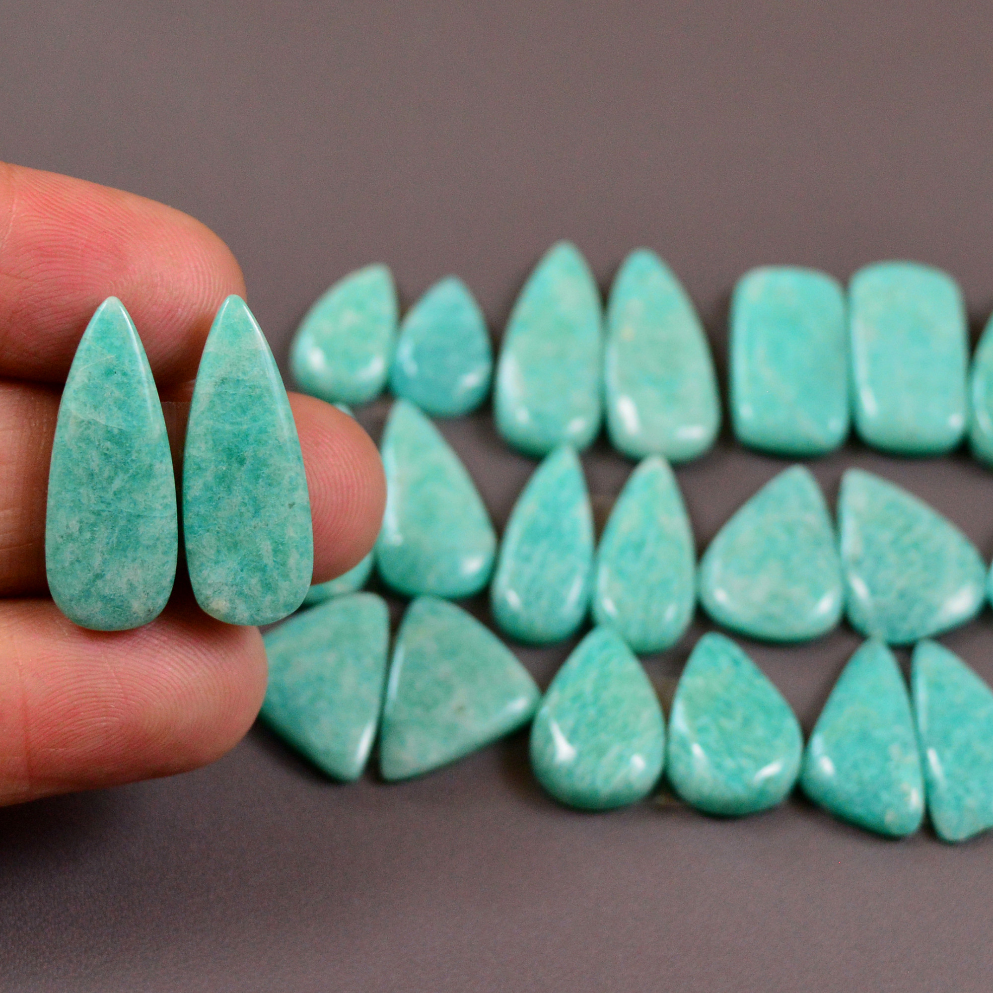 13 Pair 160Cts Natural Amazonite Cabochons Pair Gemstone Lot Mixed Shape Stones Wholesale Jewelry Making Supply 22x7 12x6mm 19420