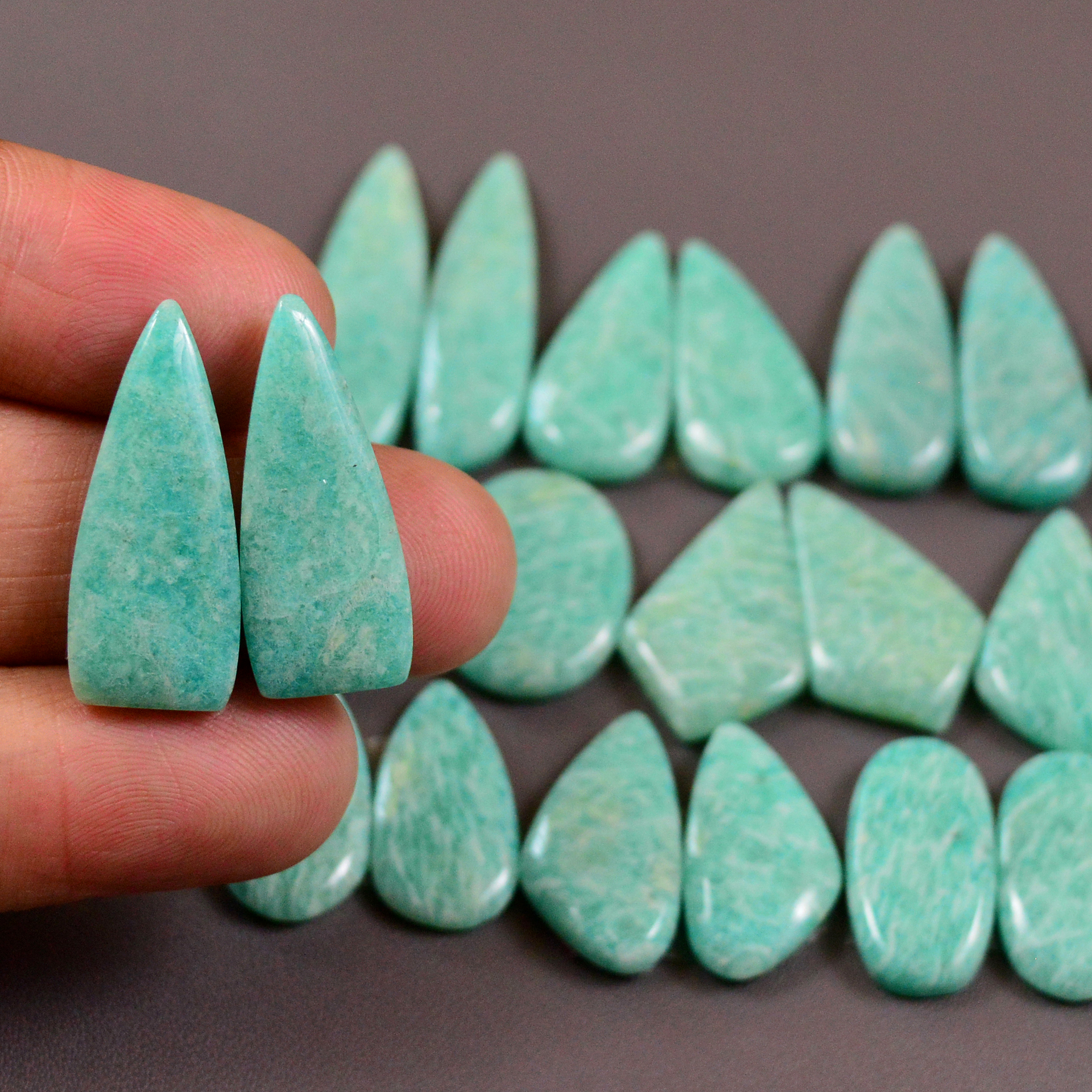 13 Pair 202Cts Natural Amazonite Cabochons Pair Gemstone Lot Mixed Shape Stones Wholesale Jewelry Making Supply 24x7 16x10mm 19423