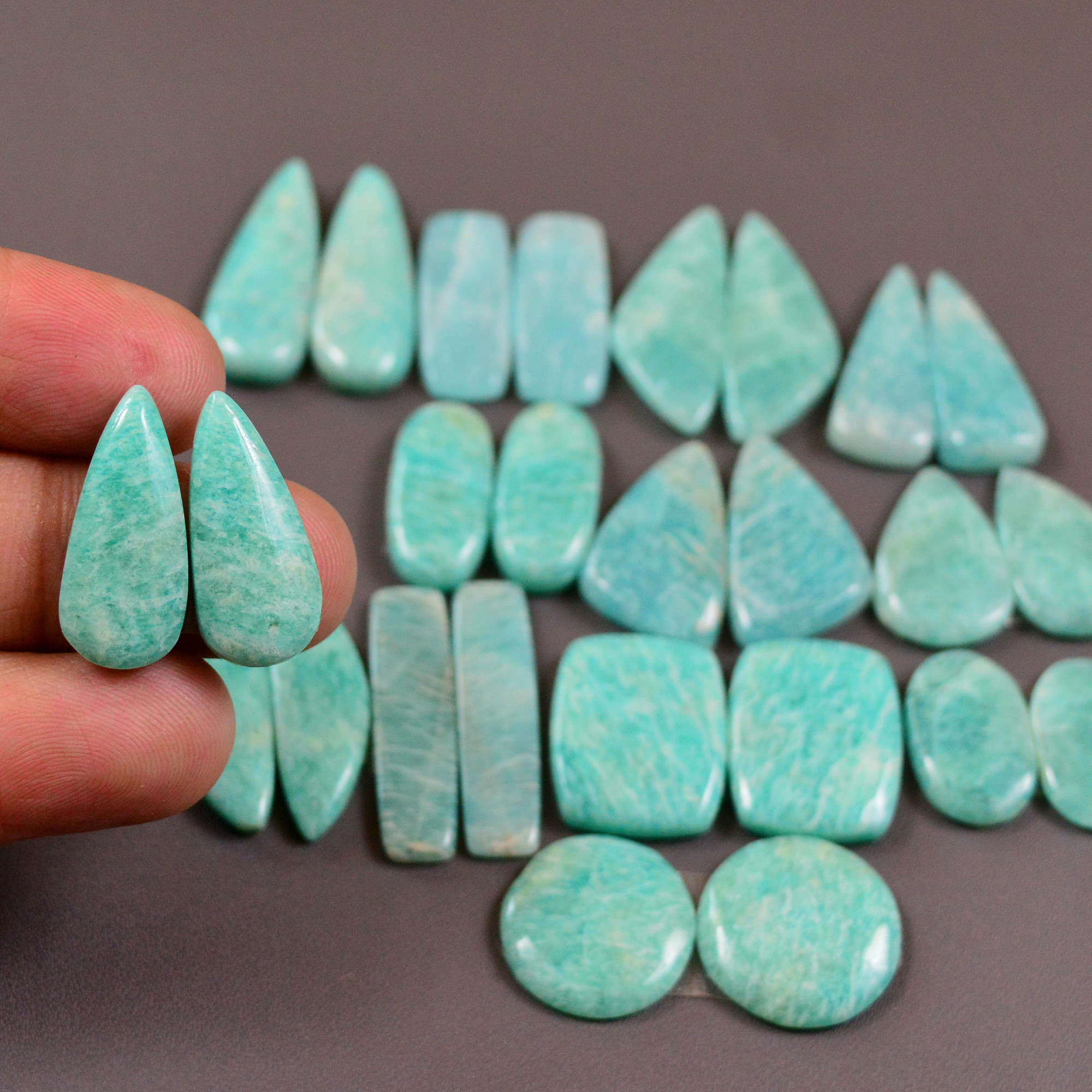 13 Pair 214Cts Natural Amazonite Cabochons Pair Gemstone Lot Mixed Shape Stones Wholesale Jewelry Making Supply 25x5 15x15mm 19424