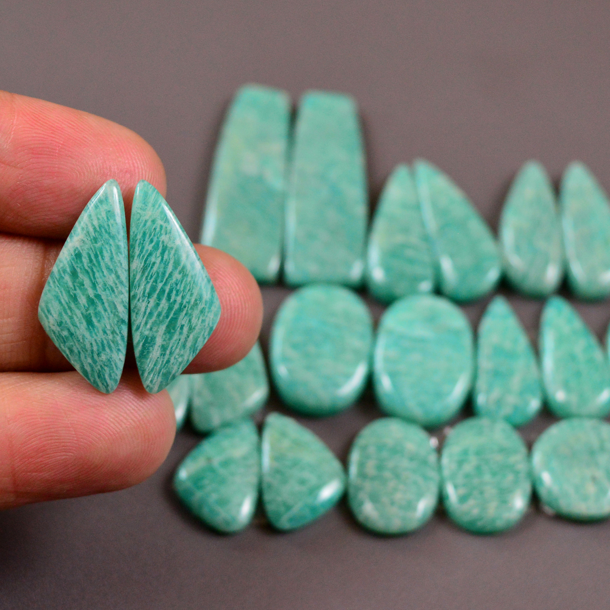11 Pair 165Cts Natural Amazonite Cabochons Pair Gemstone Lot Mixed Shape Stones Wholesale Jewelry Making Supply 30x9 6x6mm 19426