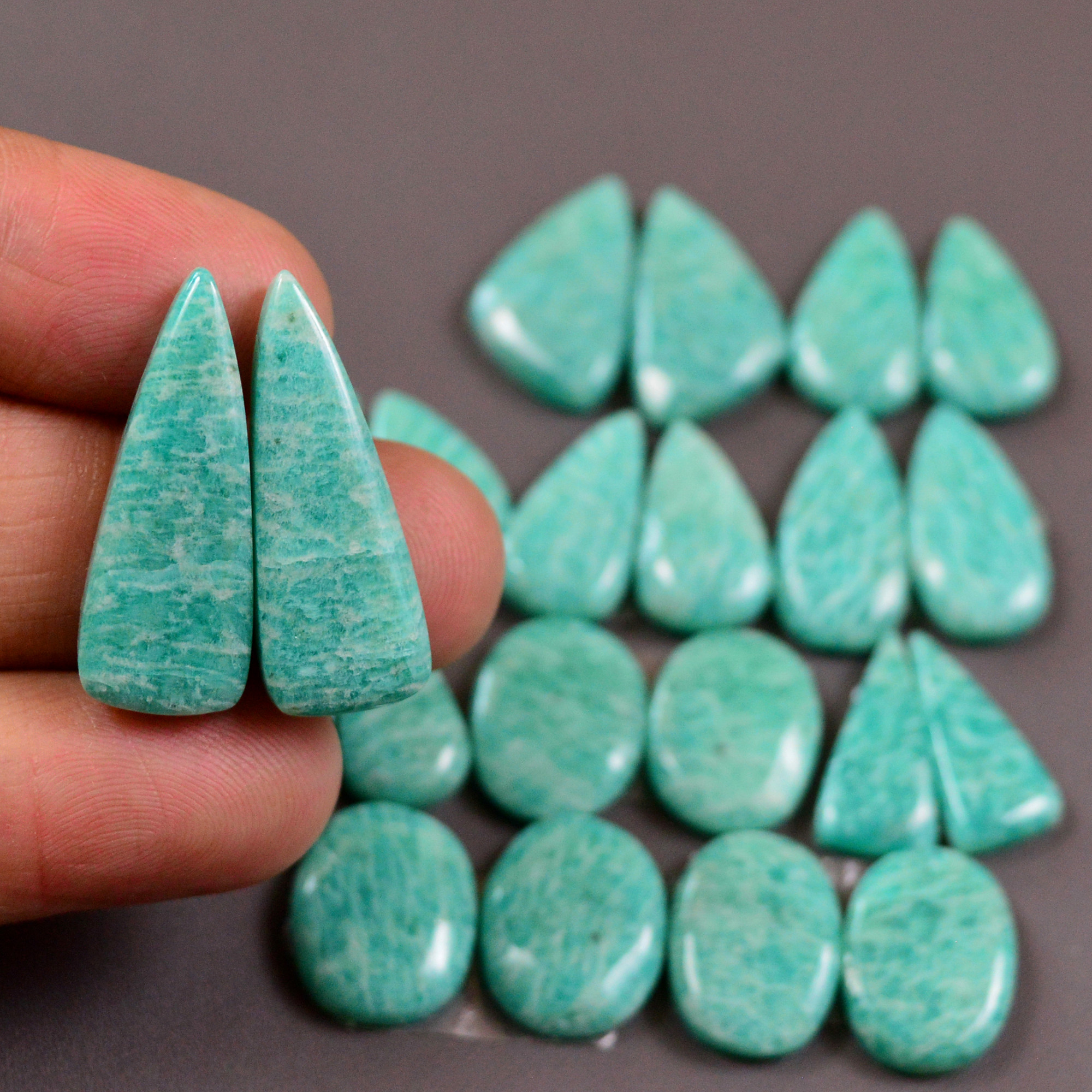 11 Pair 138Cts Natural Amazonite Cabochons Pair Gemstone Lot Mixed Shape Stones Wholesale Jewelry Making Supply 24x8 12x10mm 19429