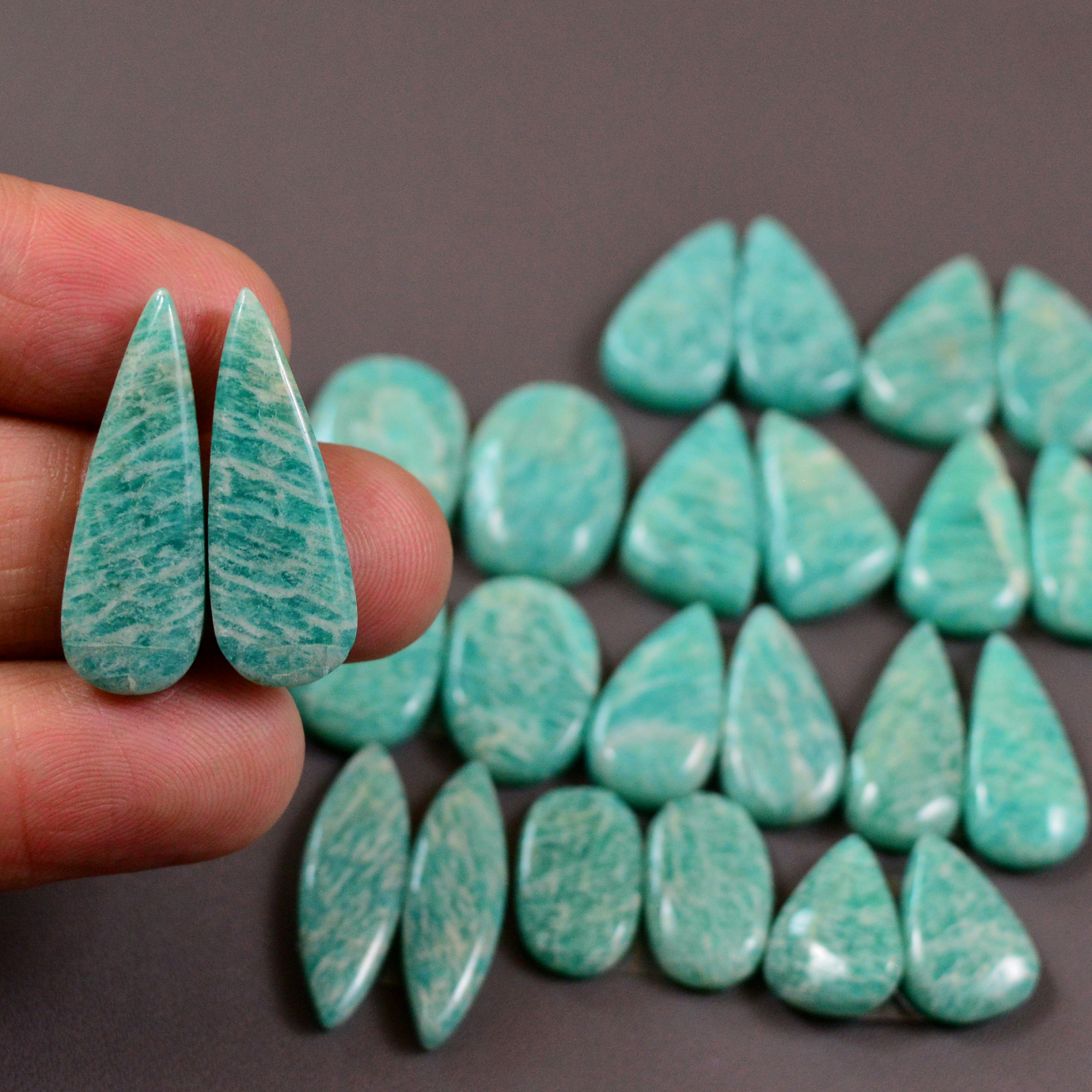 12 Pair 160Cts Natural Amazonite Cabochons Pair Gemstone Lot Mixed Shape Stones Wholesale Jewelry Making Supply 24x6 12x7mm 19431