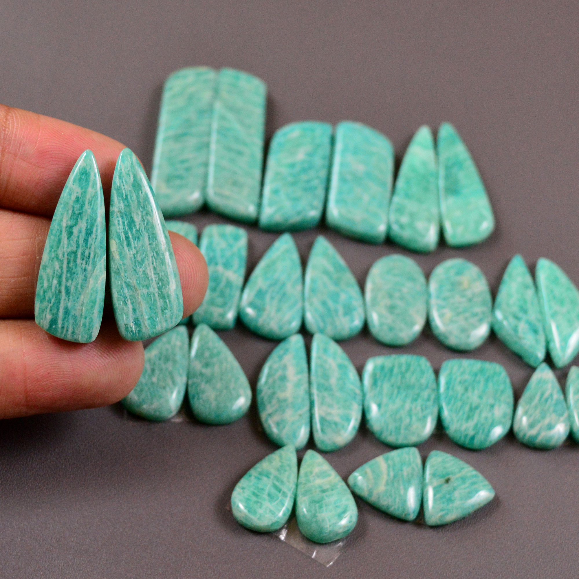 14 Pair 239 Cts Natural Amazonite Cabochons Pair Gemstone Lot Mixed Shape Stones Wholesale Jewelry Making Supply 23x8 10x10mm 19442