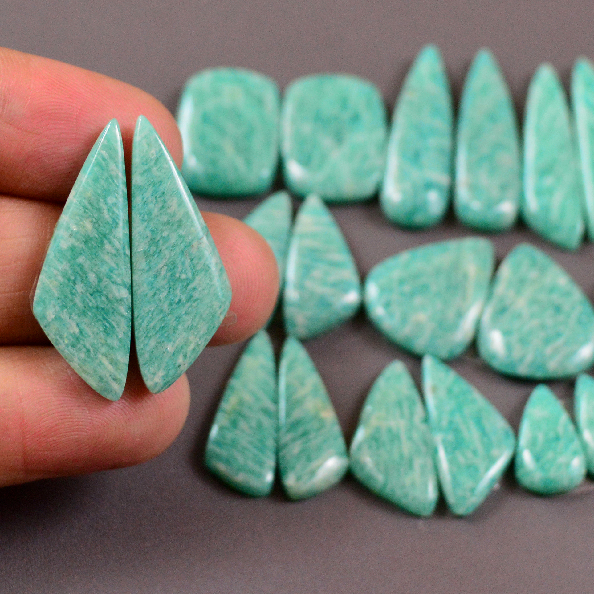 11 Pair 153Cts Natural Amazonite Cabochons Pair Gemstone Lot Mixed Shape Stones Wholesale Jewelry Making Supply 30x5 16x5mm 19437