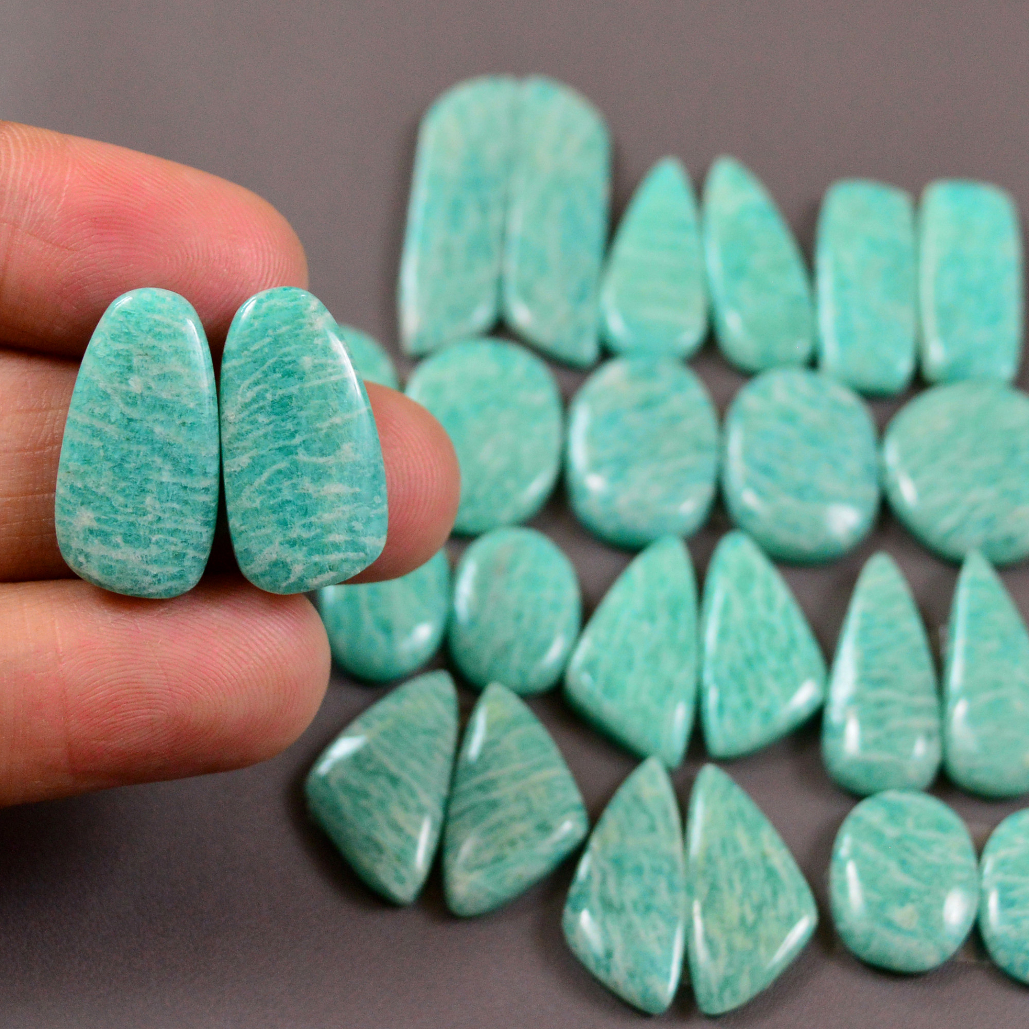 13 Pair 202Cts Natural Amazonite Cabochons Pair Gemstone Lot Mixed Shape Stones Wholesale Jewelry Making Supply 30x16 12x8mm 19438