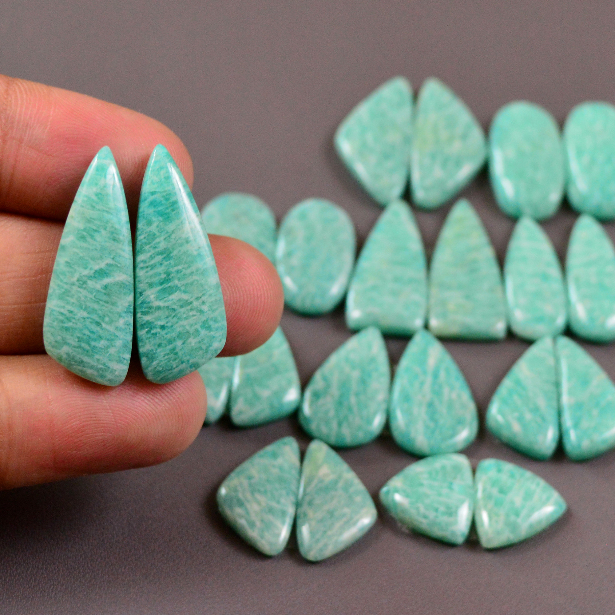 11 Pair 192Cts Natural Amazonite Cabochons Pair Gemstone Lot Mixed Shape Stones Wholesale Jewelry Making Supply 22x11 11x10mm 19439