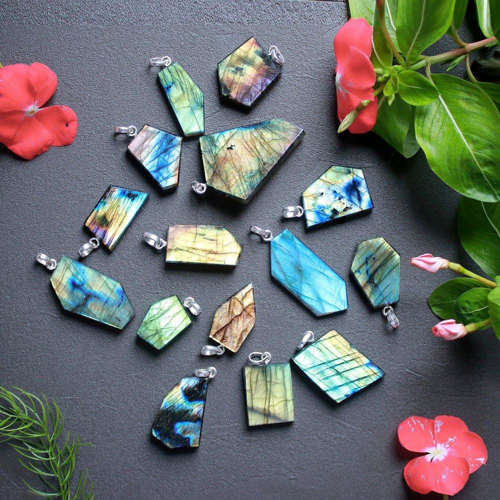 15Pcs 445Cts Natural Labradorite Slice Silver Plated Pendant 47x30 25x15mm#G-1944