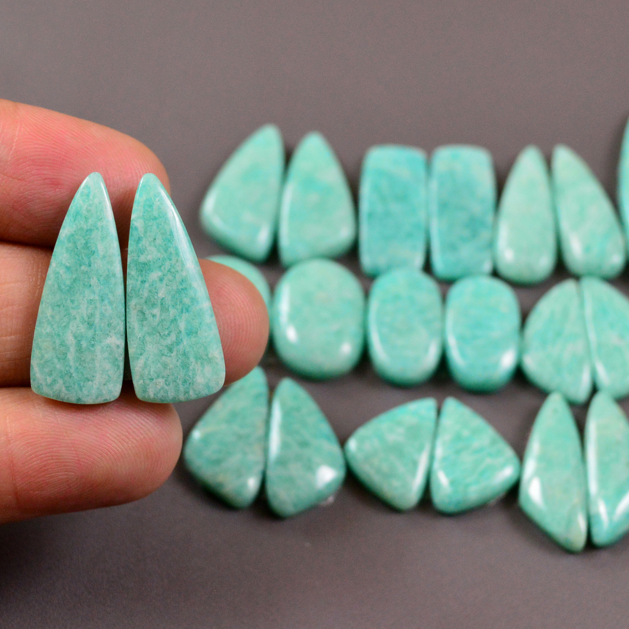 13 Pair 180Cts Natural Amazonite Cabochons Pair Gemstone Lot Mixed Shape Stones Wholesale Jewelry Making Supply 32x5 15x10mm 19443