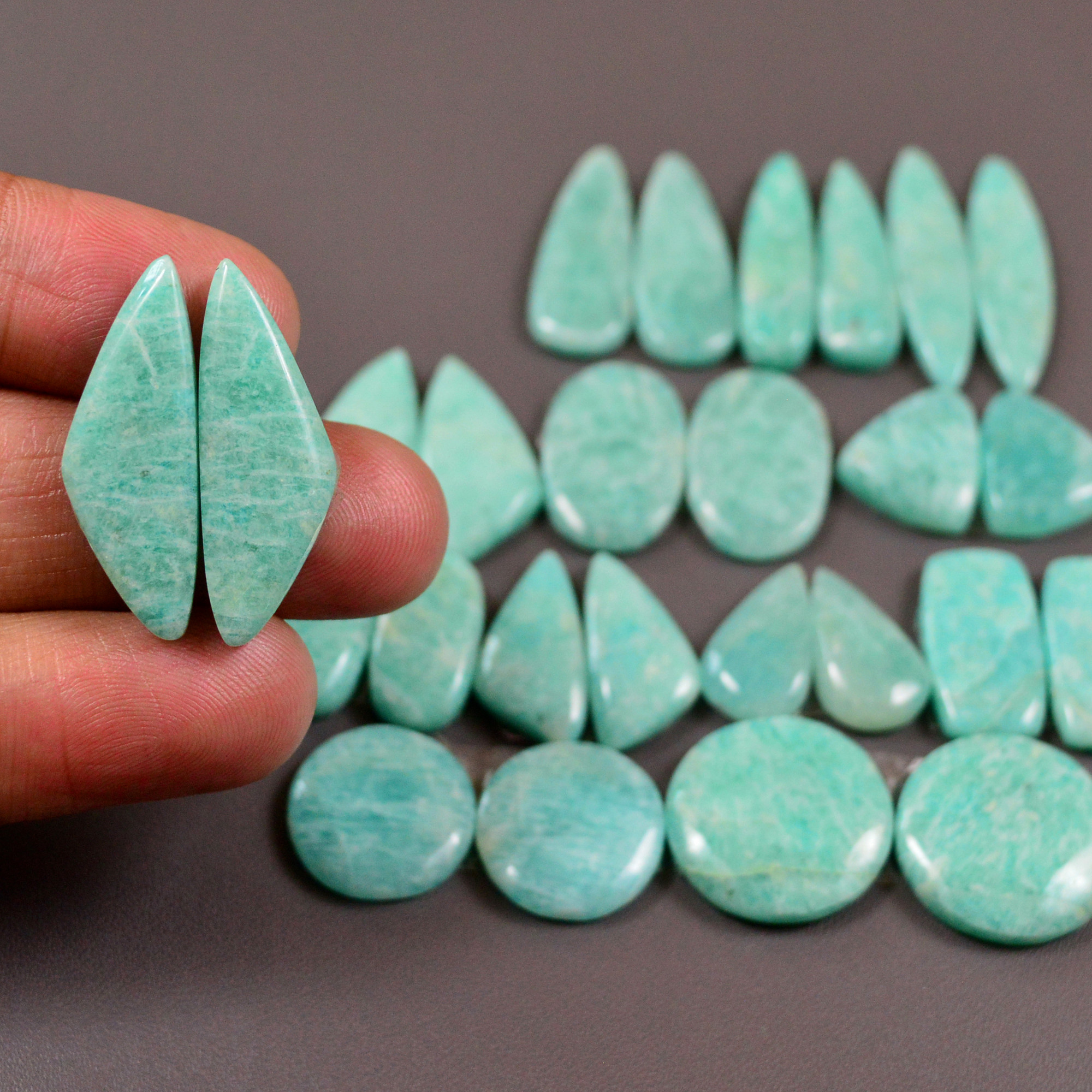 13 Pair 189Cts Natural Amazonite Cabochons Pair Gemstone Lot Mixed Shape Stones Wholesale Jewelry Making Supply 25x7 11x11mm 19445