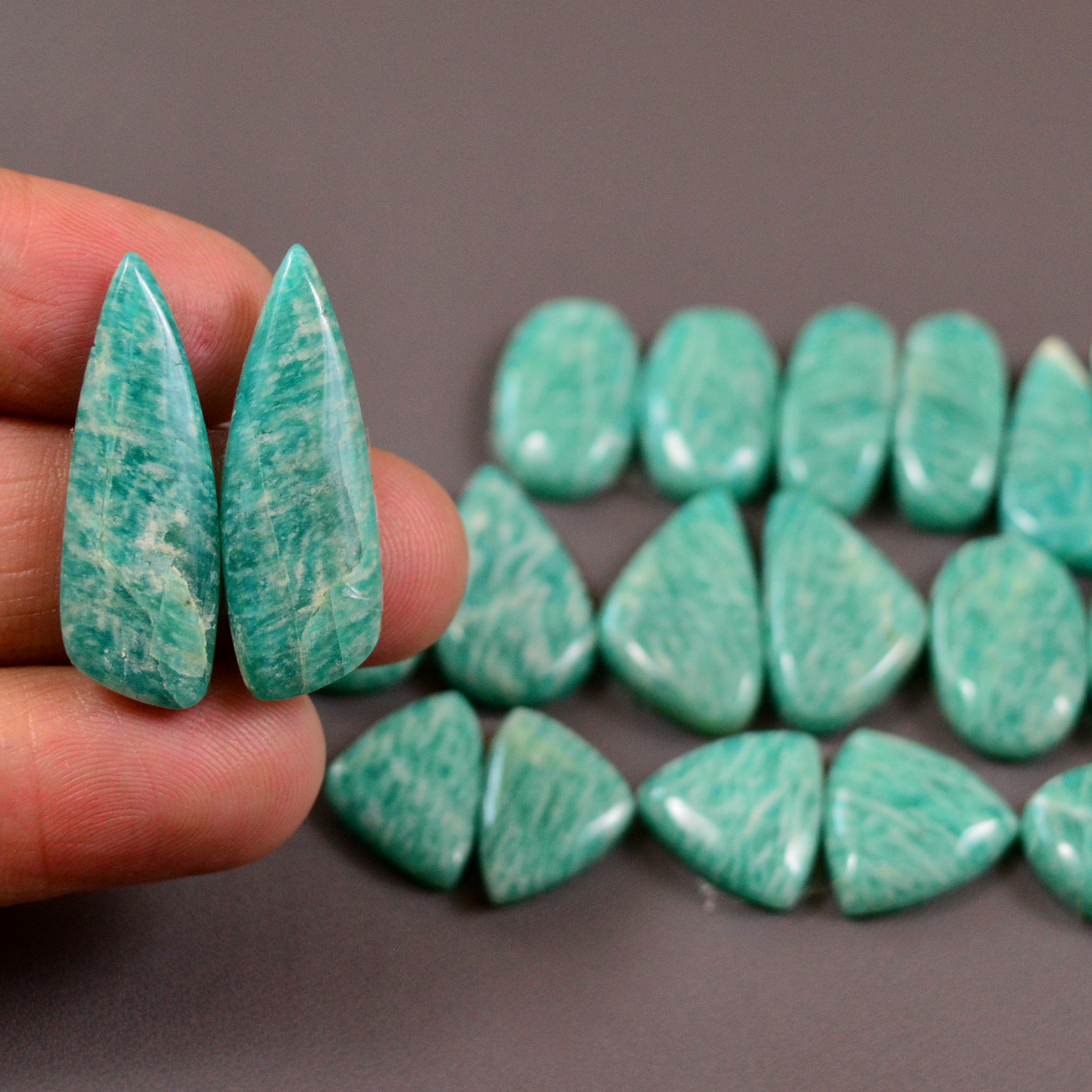 11 Pair 172Cts Natural Amazonite Cabochons Pair Gemstone Lot Mixed Shape Stones Wholesale Jewelry Making Supply 29x9 12x9mm 19447