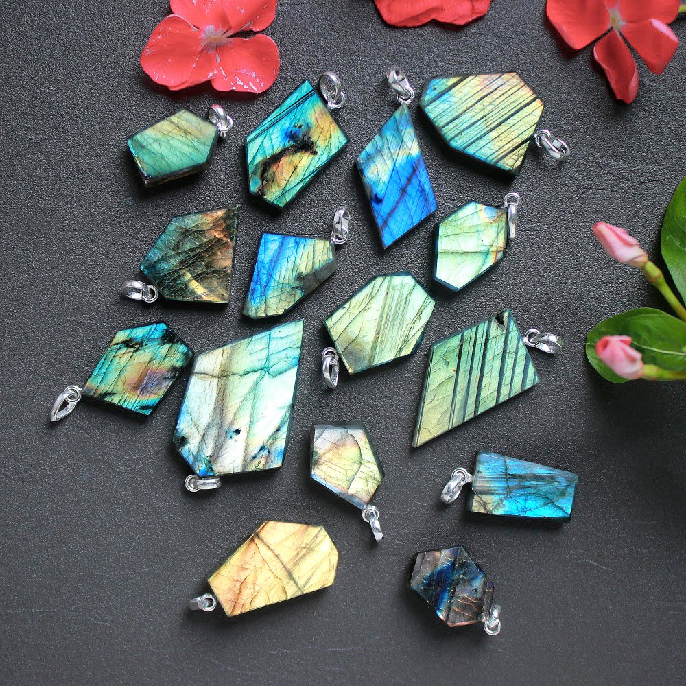 15Pcs 428Cts Natural Labradorite Slice Silver Plated Pendant 47x26 28x16mm#G-1945