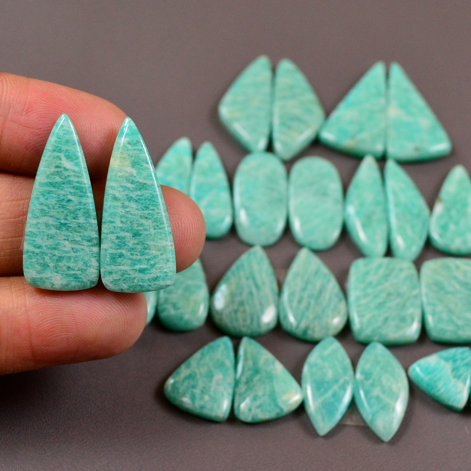 14 Pair 196Cts Natural Amazonite Cabochons Pair Gemstone Lot Mixed Shape Stones Wholesale Jewelry Making Supply 25x9 16x7mm 19451